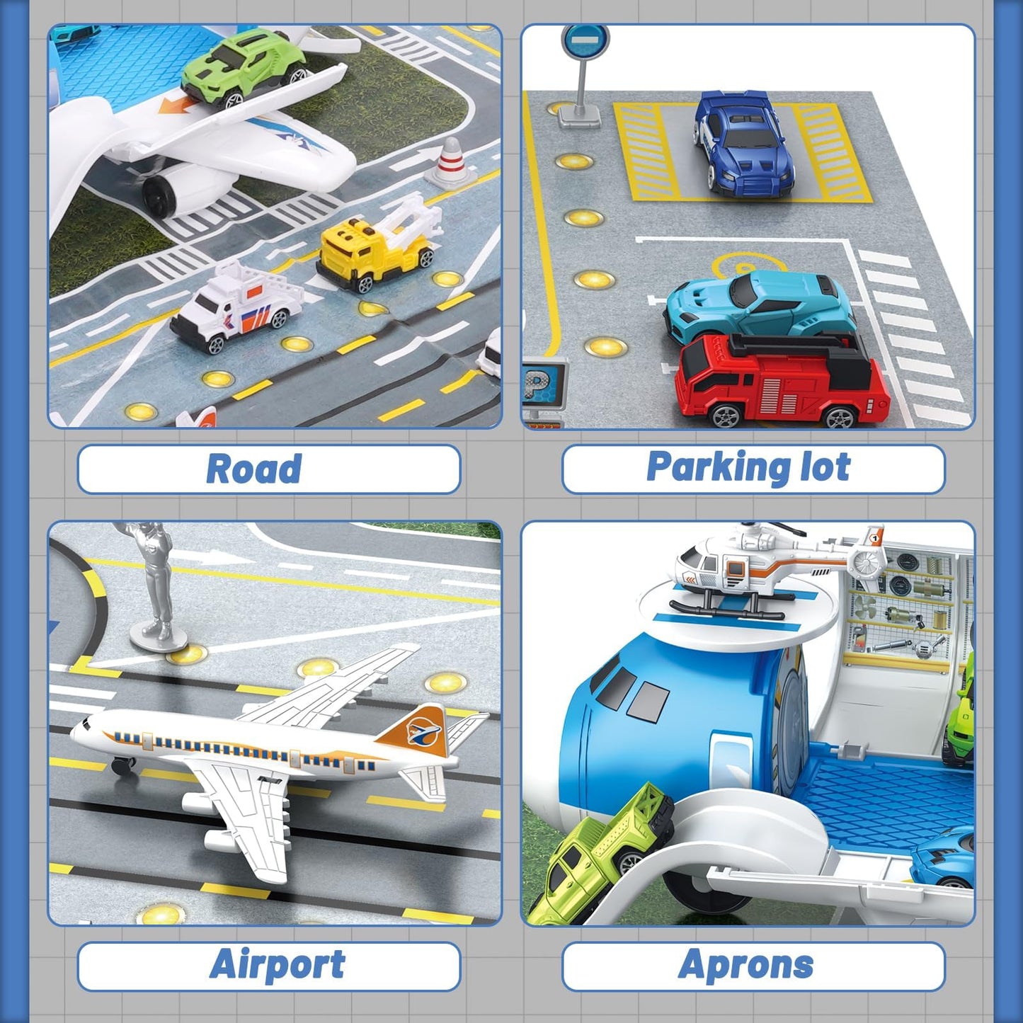 Airplane Toy Car Toy Set Airport Playmat with Helicopter, Truck, Plane, Sign Parking Lot Toy Set with Traffic Signs and Road Accessories Transport Airplane Scene Play Mat for Toddler Age 3+