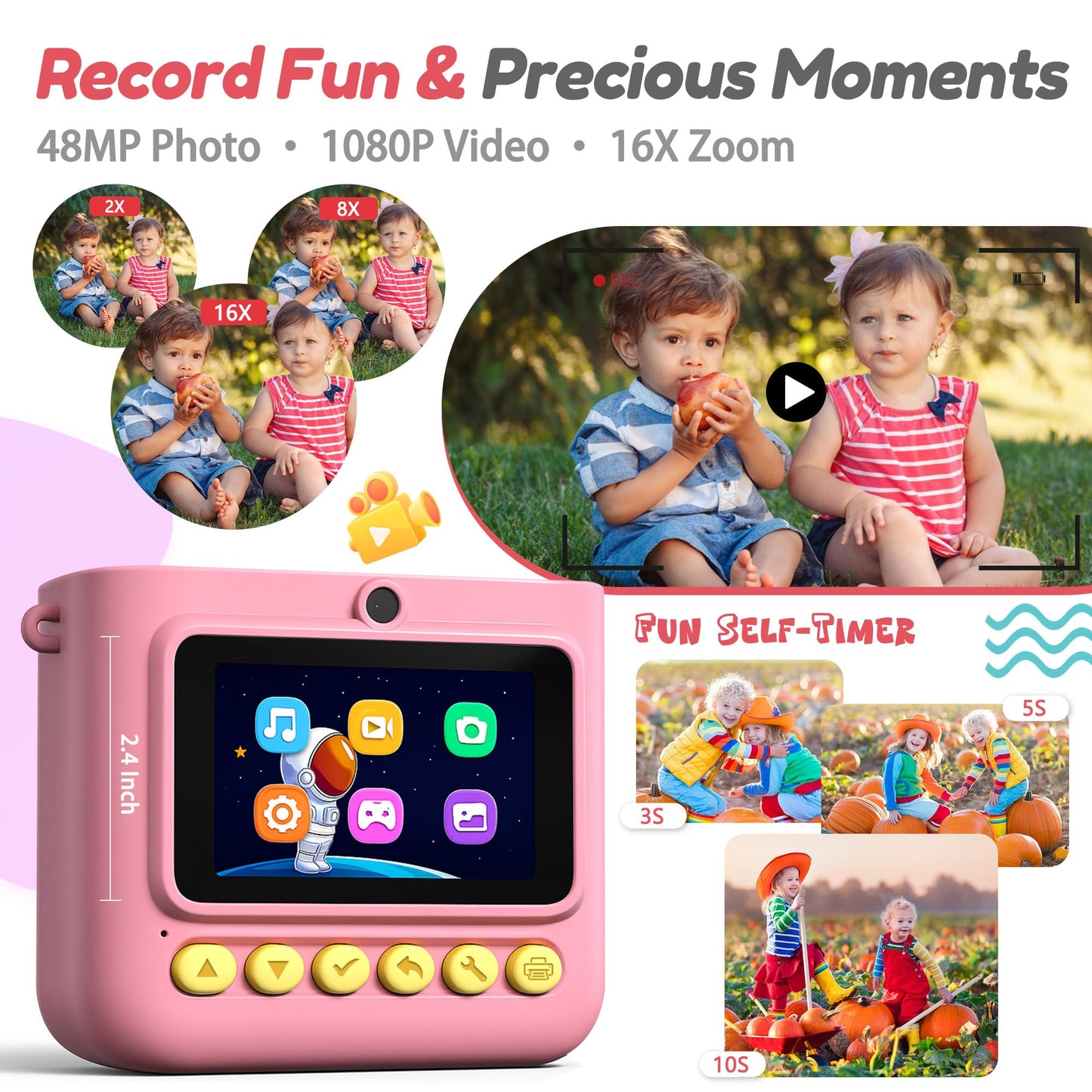 ROHSCE Instant Camera for Kids, Digital Print Camera 48MP 1080P, Color & B&W Printing, 2.4" Display, USB-C Rechargeable, 32GB Card, Christmas & Birthday Gifts for 3-12 Year Old Girls Boys (Pink)