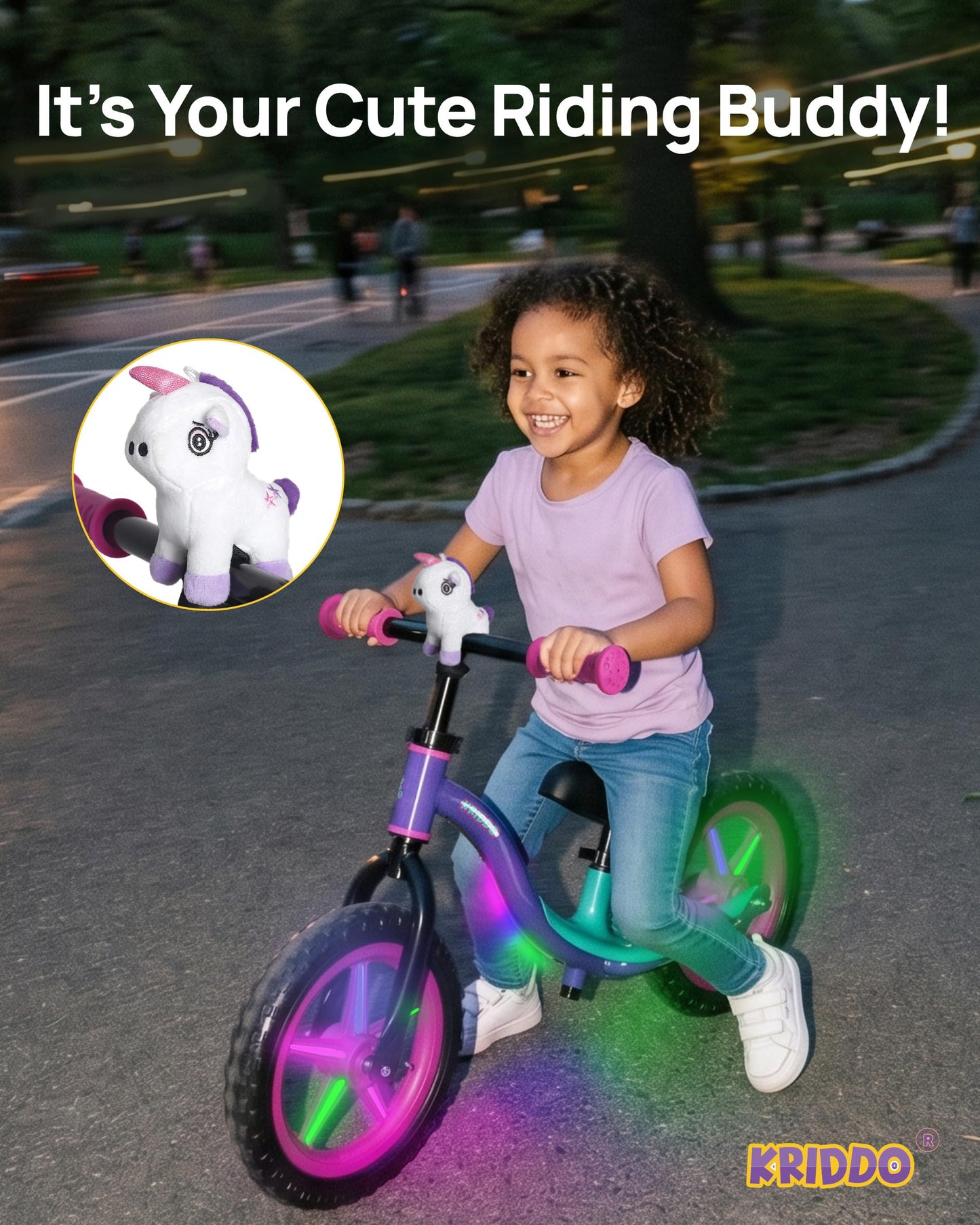 KRIDDO Toddler Balance Bike 2 Year Old, Colorful Lighting Kids Balance Bike for 2-5 Years Old, 12 Inch Balance Bicycle with Riding Buddy, Tool-Free, Adjustable Seat, Handlebar, Gift for 2-3 Girls Boys
