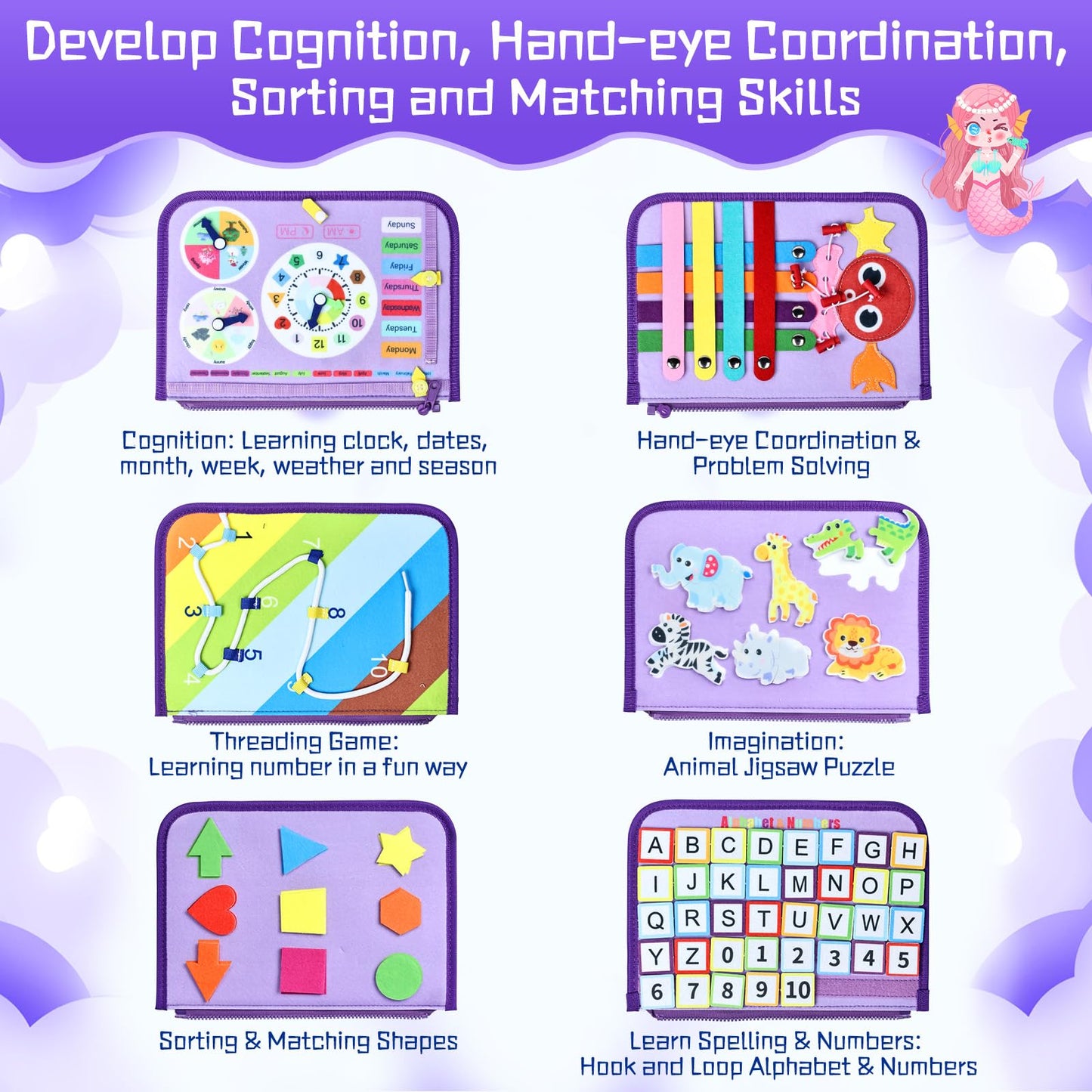 Esjay Toddler Busy Board Montessori Toys, Sensory Board Educational Activities for Learning Fine Motor Skills, Birthday Gifts for Toddlers, Travel Toys for Airplane Car, Purple Merpeople