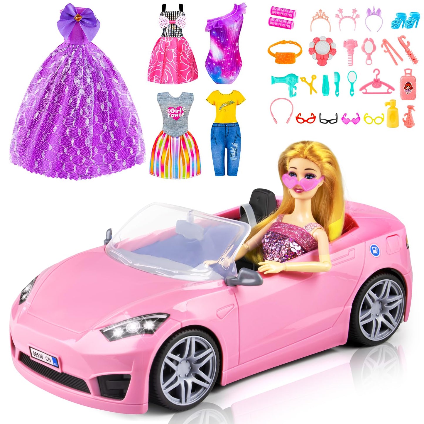 76 Pcs Doll & Convertible Car Playset,Included 11.5 in Dol-l,Car,Princess Dresses,Fashion Dresses,Casual Clothing,Swimsuits,Bags,Shoes,Doll Playset,Doll Dress up Toys for Girls Kids Toddlers Gifts