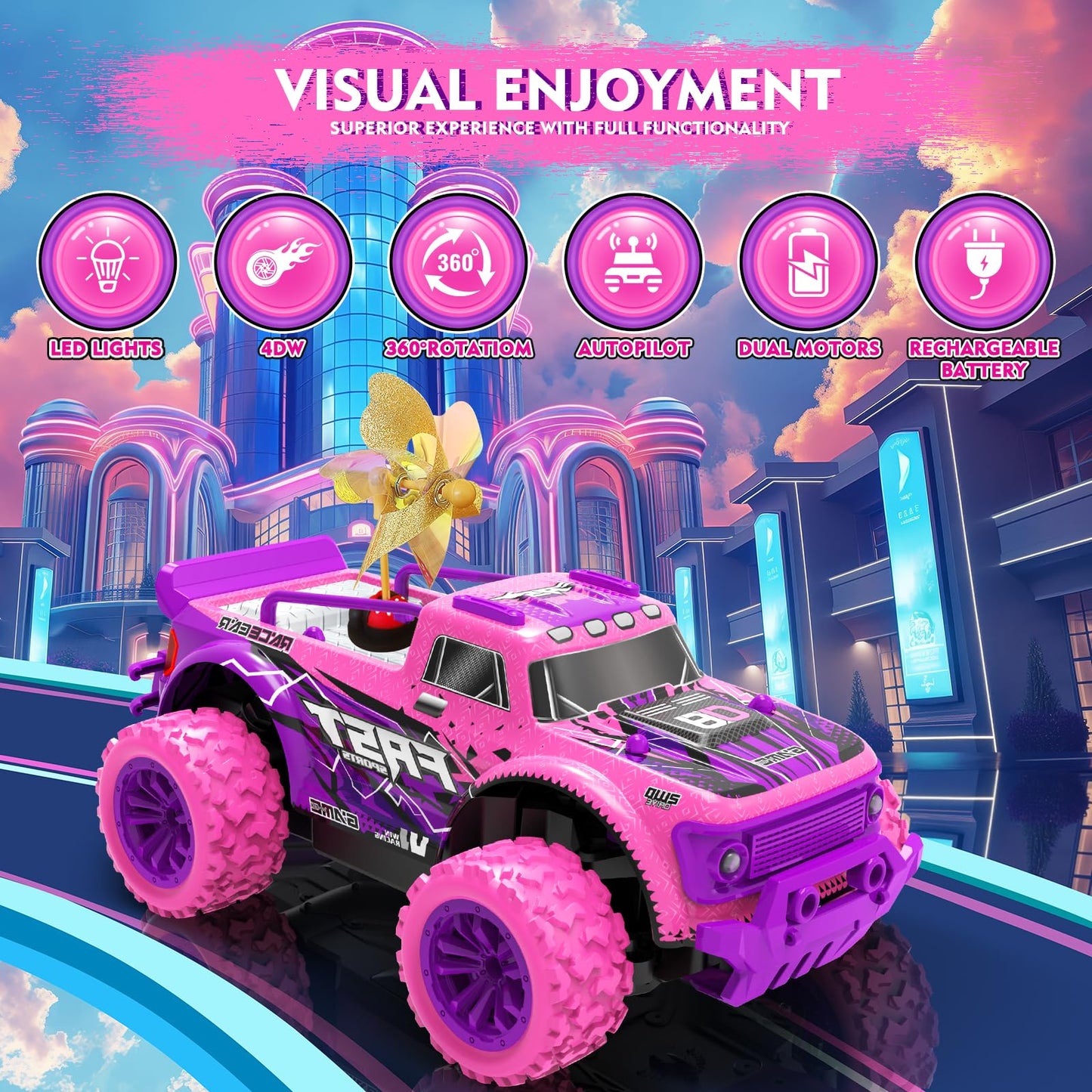 iDrone Remote Control Car for Girls: 1:20 Scale Pink Purple Rc Truck with LED Light and DIY Windmills - 20Km/h All Terrain Fast RC Cars, 2.4GHz Monster Truck Toys for Kids Gift