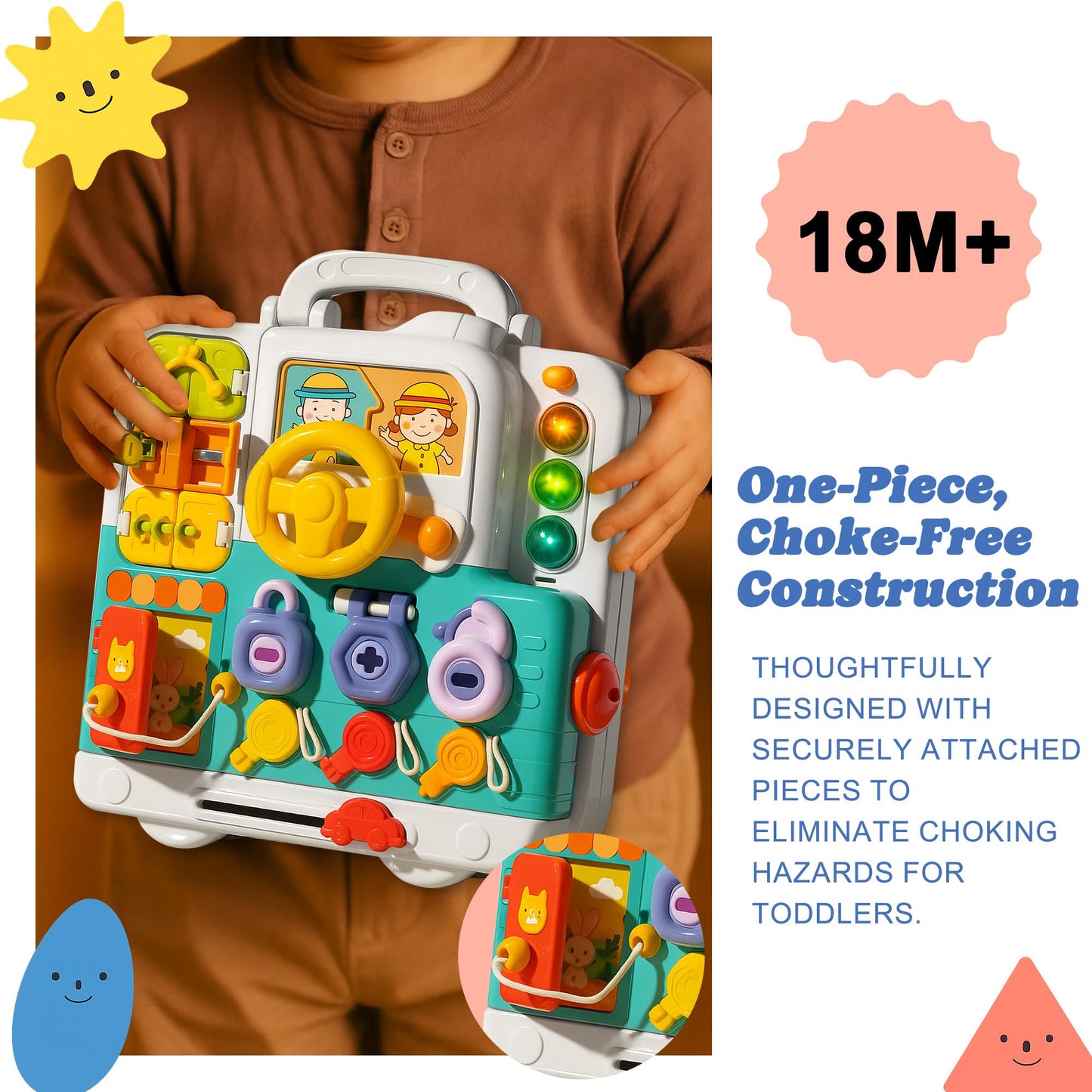 ROHSCE Montessori Busy Board for Toddlers 1-3, Baby Educational Activity Board with Lights & Music, Sensory Toys for Fine Motor Skills, Travel Toys for Airplane Cars, Gift for Boys Girls