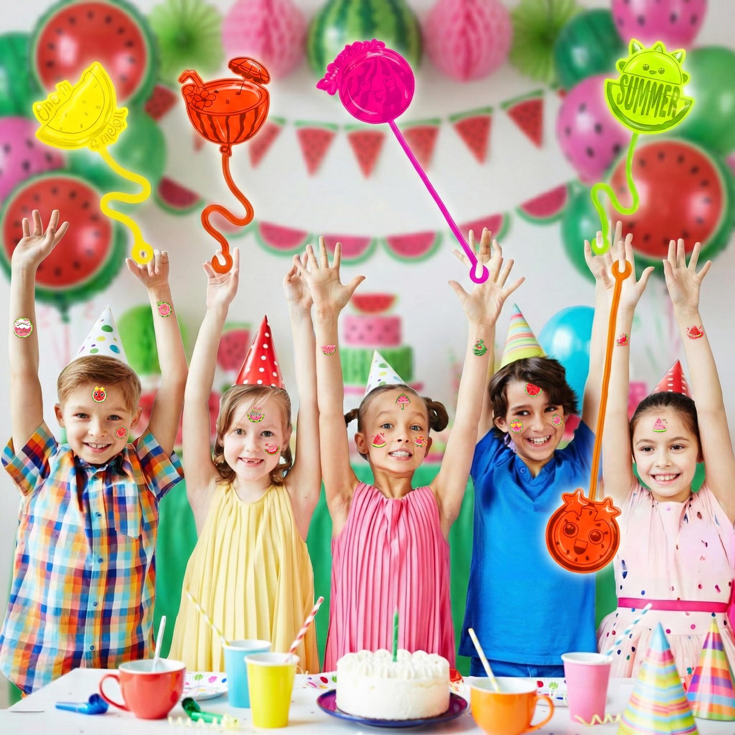 48PCS Watermelon Party Favors - 24PCS Temporary Tattoos & 24PCS Stick Hands Party - Perfect Birthday Party Supplies, Goodie Bag Stuffers, Treasure Box Toys, Classroom Prizes, and Student Gifts