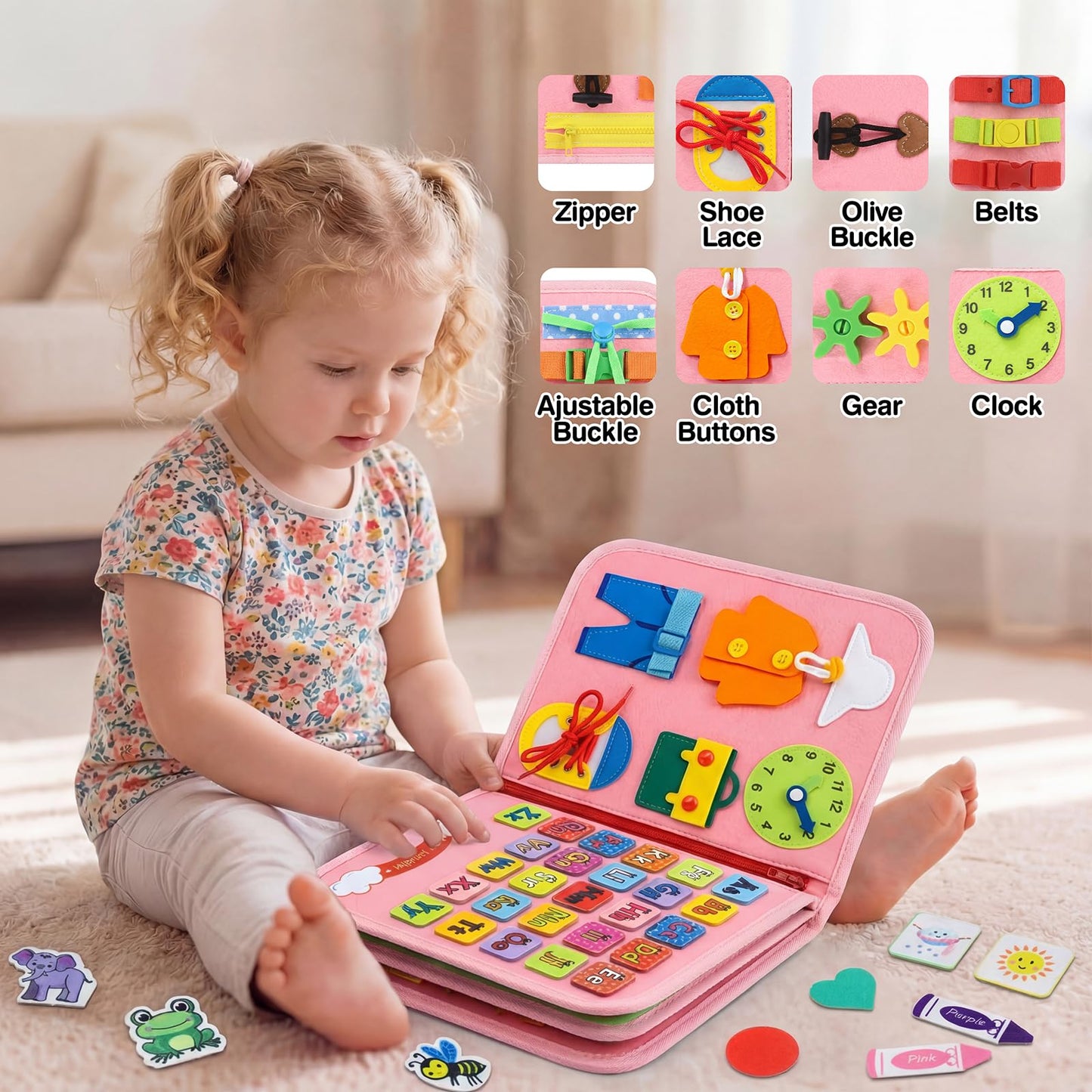 Mulaisu Toddler Busy Board Montessori Toys for Toddlers Girls 1-3 Year Old Birthday Gifts, Sensory Busy Book Learning Educational Activities, Airplane Car Travel Toy