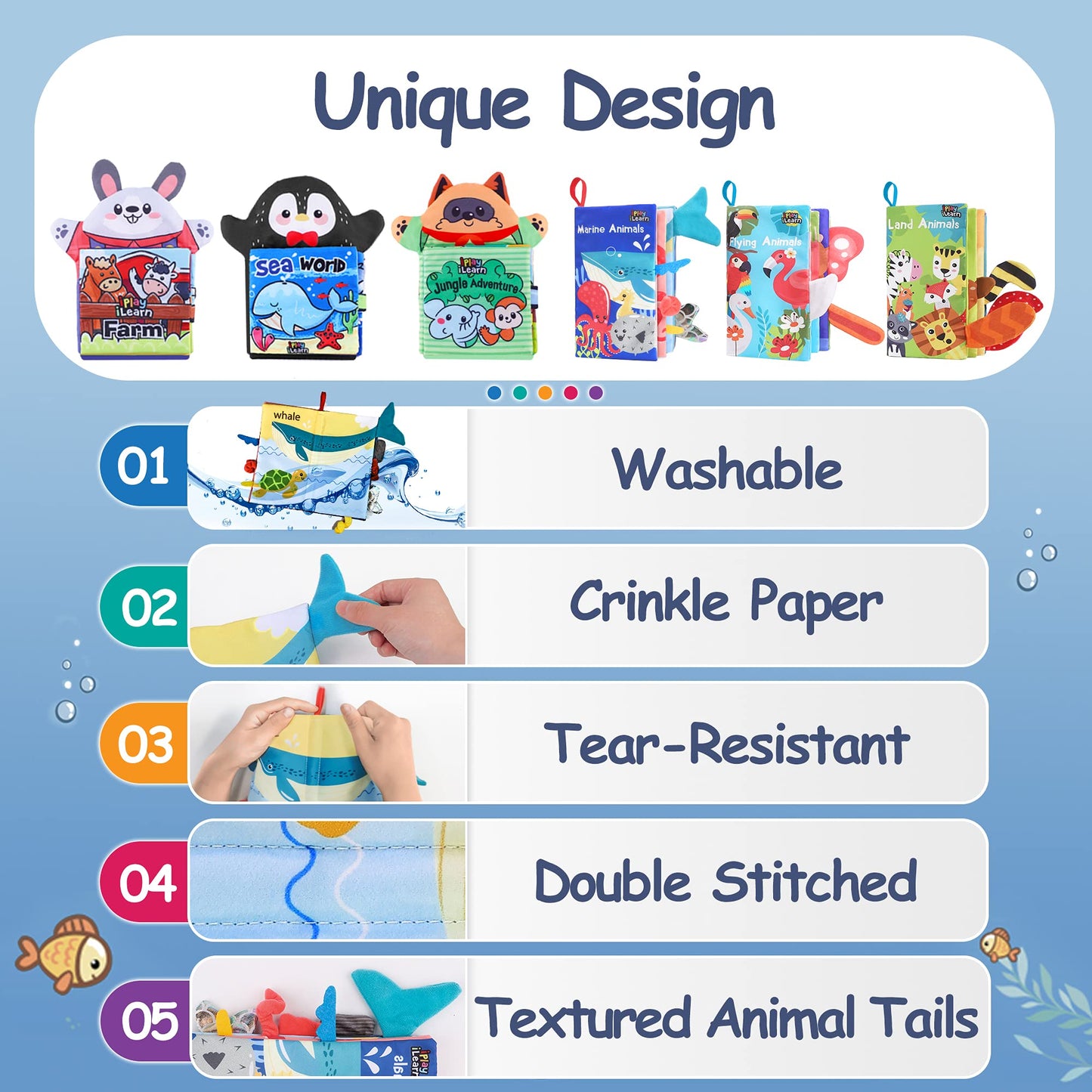iPlay, iLearn Soft Baby Books 1 Year Old, Babies Animal Cloth Book 6-12 Month, Infant Touch Feel Crinkle Book, Toddler Carseat Crib Bedtime Toy Newborn Birthday Stocking Gift 9 18M 2 3 Yr Kid Boy Girl
