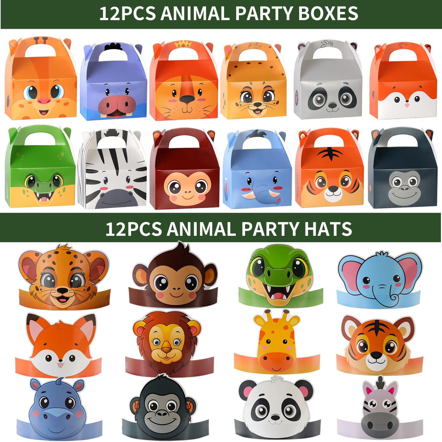 All-in-One - 256 Pcs Wild One Jungle Safari Birthday Party Decorations - Zoo Animal First Birthday Supplies Kit - Includes Favor Boxes, Bubble Wands, Straws, Party Hats, Stickers & Cake Toppers etc