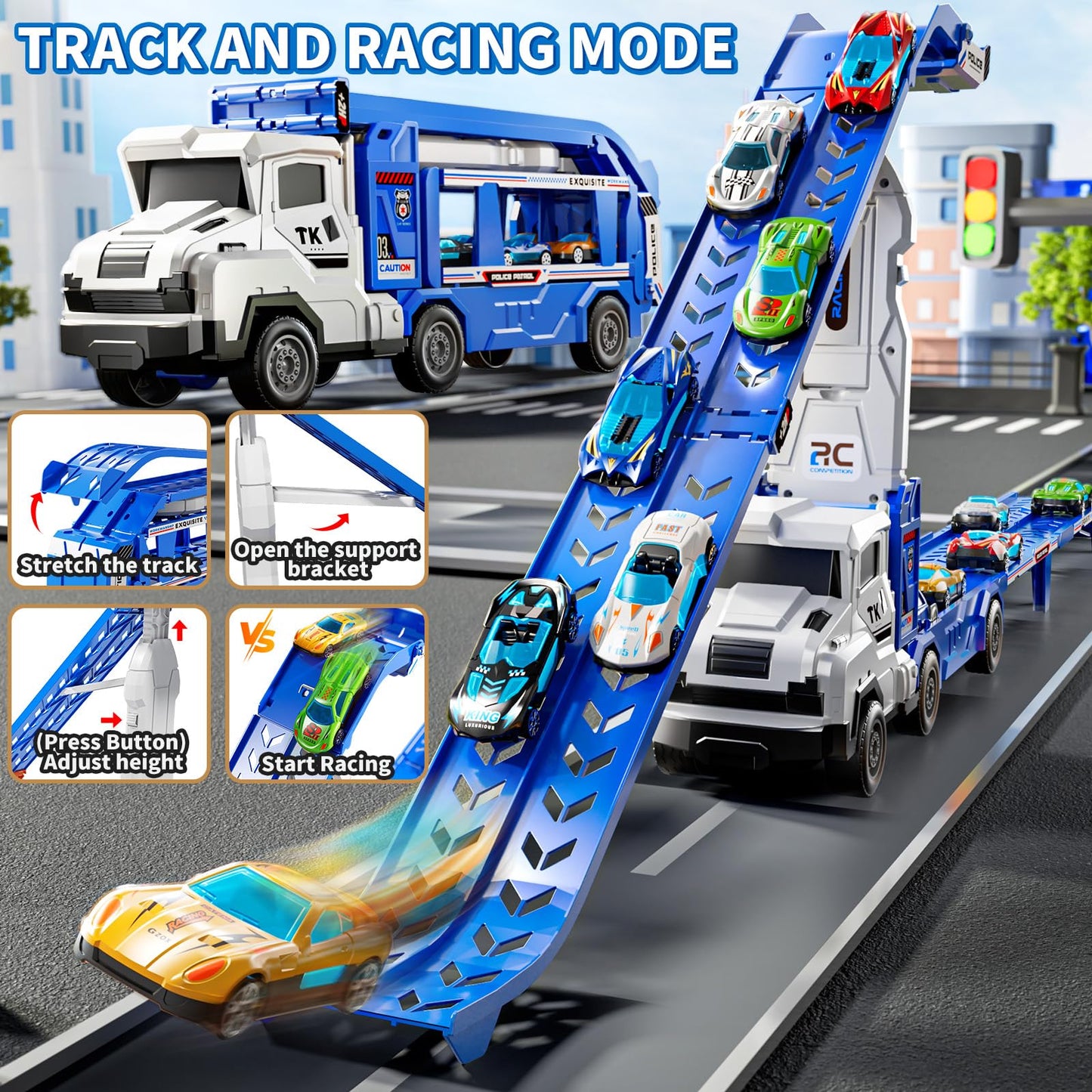 GOGIHCCH 3-in-1 Kids Carrier Truck Toy Car Tracks for Toddlers 2-4 Years Old with 12 Racing Cars Toys, Foldable Chasing Race Track and Car Garage, Car Ramps Birthday Gift for Boys Girls 3-5 4-8(Blue)