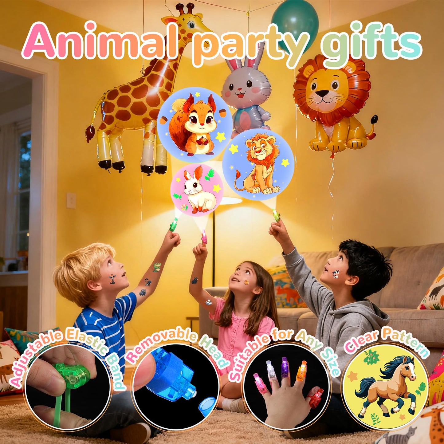 Mikulala 50 Pack Animal Party Favors, 40 Pcs Animal LED Finger Lights & 10 Pcs Temporary Tattoos, Birthday Gifts Goodie Bag Stuffers, Glow in The Dark Toys Bulk Classroom Prizes Party Supplies