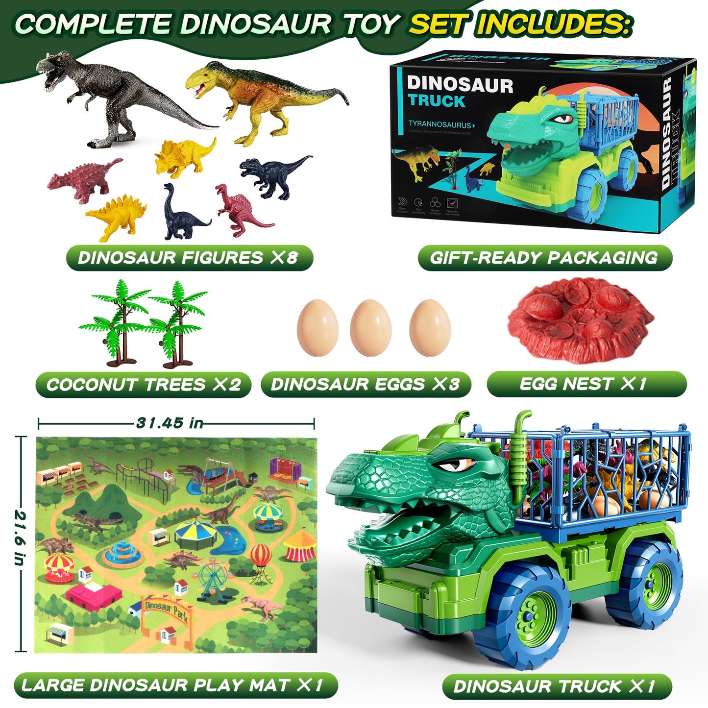 DULONIME Dinosaur Cars Truck Toys for Kids 3-5 with 8 Dinosaur Figures, Activity Play Mat, Jurassic Play Set for Boys and Girls Ages 5-7