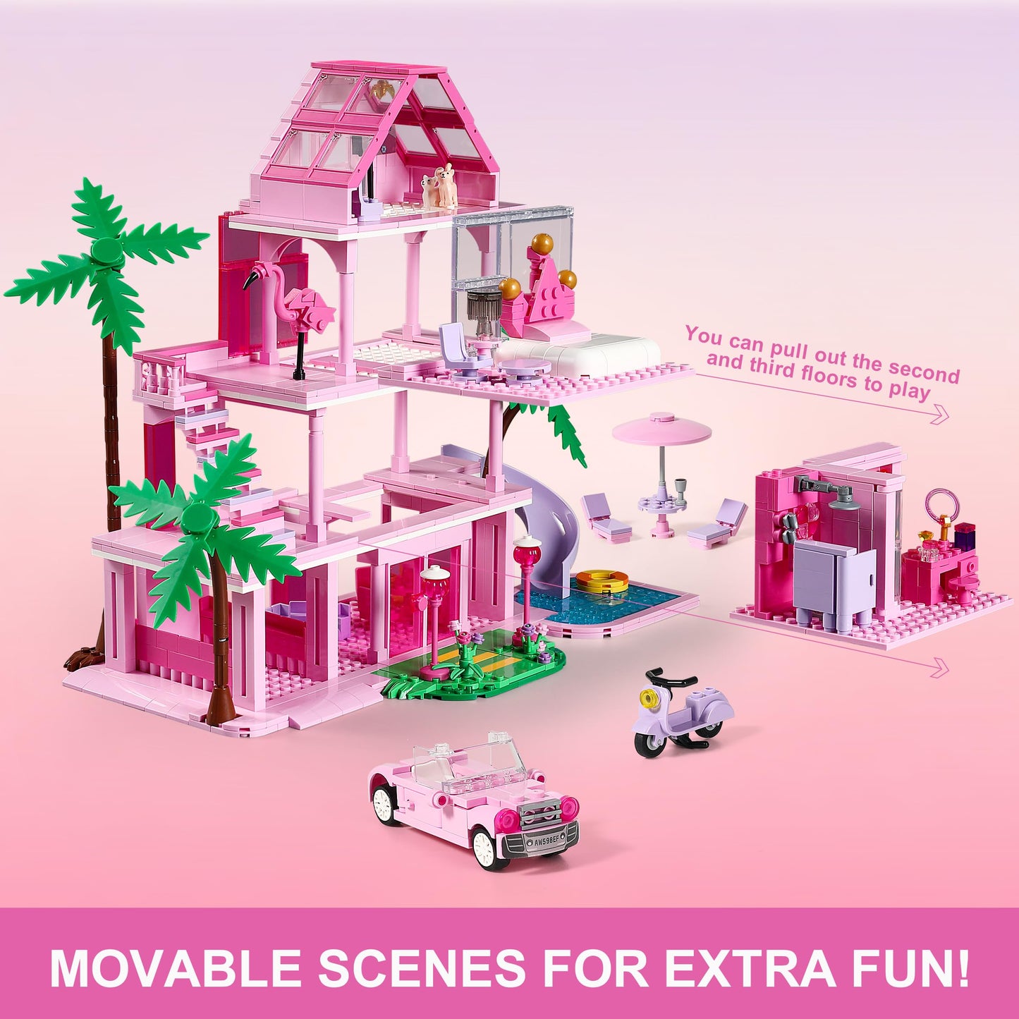 Girls House Building Sets Compatible with Lego Friends for Girls Age 8-12, 4-Story Pink Villa Building Blocks Toys with Pull-Out Floors, 903 Pieces Great Birthday Gift for Girls 8-14