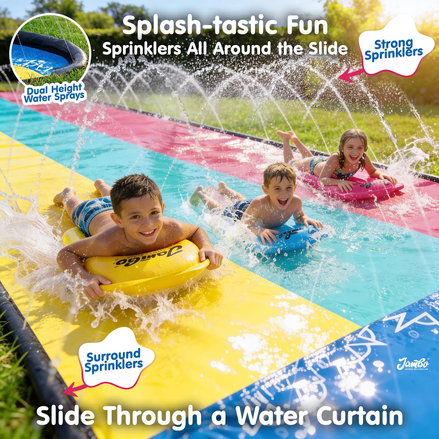 JAMBO XL 20Ft Summer Vibes Premium Slip and Slide with 3 Bodyboards, Heavy Duty Water Slide- Advanced 3-Way Water Sprinkler System, Backyard Waterslide Outdoor Water Toys n Slides for Kids