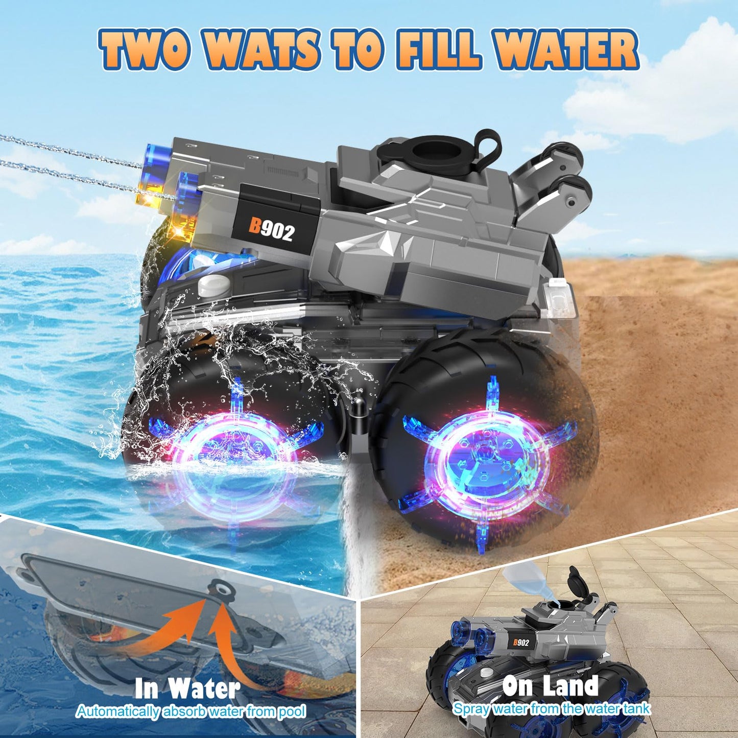 Amphibious Remote Control Car with Water Gun,Waterproof Monster Truck Rc Boat Water Tank Swimming Pool Toys,Gesture Sensing RC Stunt Cars,Birthday Gifts for Boys Girls Teens 8 9 10 11 12 13+ yrs