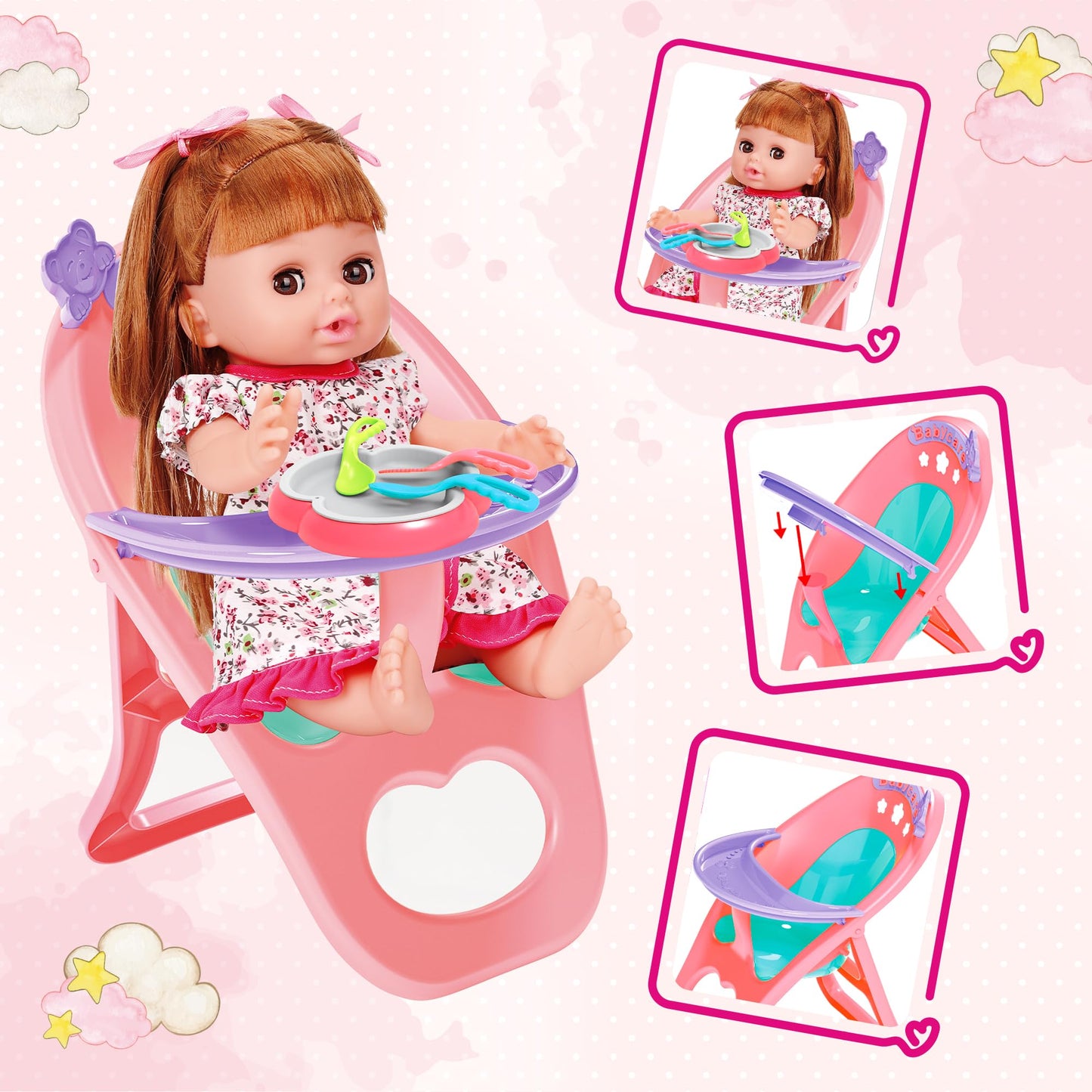 Baby Doll Toys Set, 14" Doll Toys, 25Pcs Dolls Care Toy Playset, Toddlers Toy Dolls Set Incl Cradle Crib, High Chair, Milk Bottle, Pacifier, Diaper, Baby Gift for Age 3 4 5 6+ Years Old Girls Boys