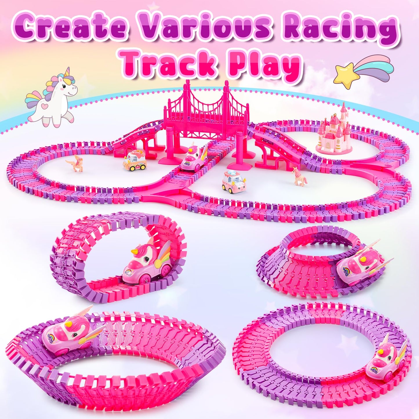 Aetyni Unicorn Toys Car Track for Kids Girls 4-6: 232 PCS Unicorn Monster Truck Race Track with 2 Pull Back Cars Toys for 3 4 5 6 7 Year Old Girl Toddler Christmas Birthday Gifts for Girl 3-5 6-8