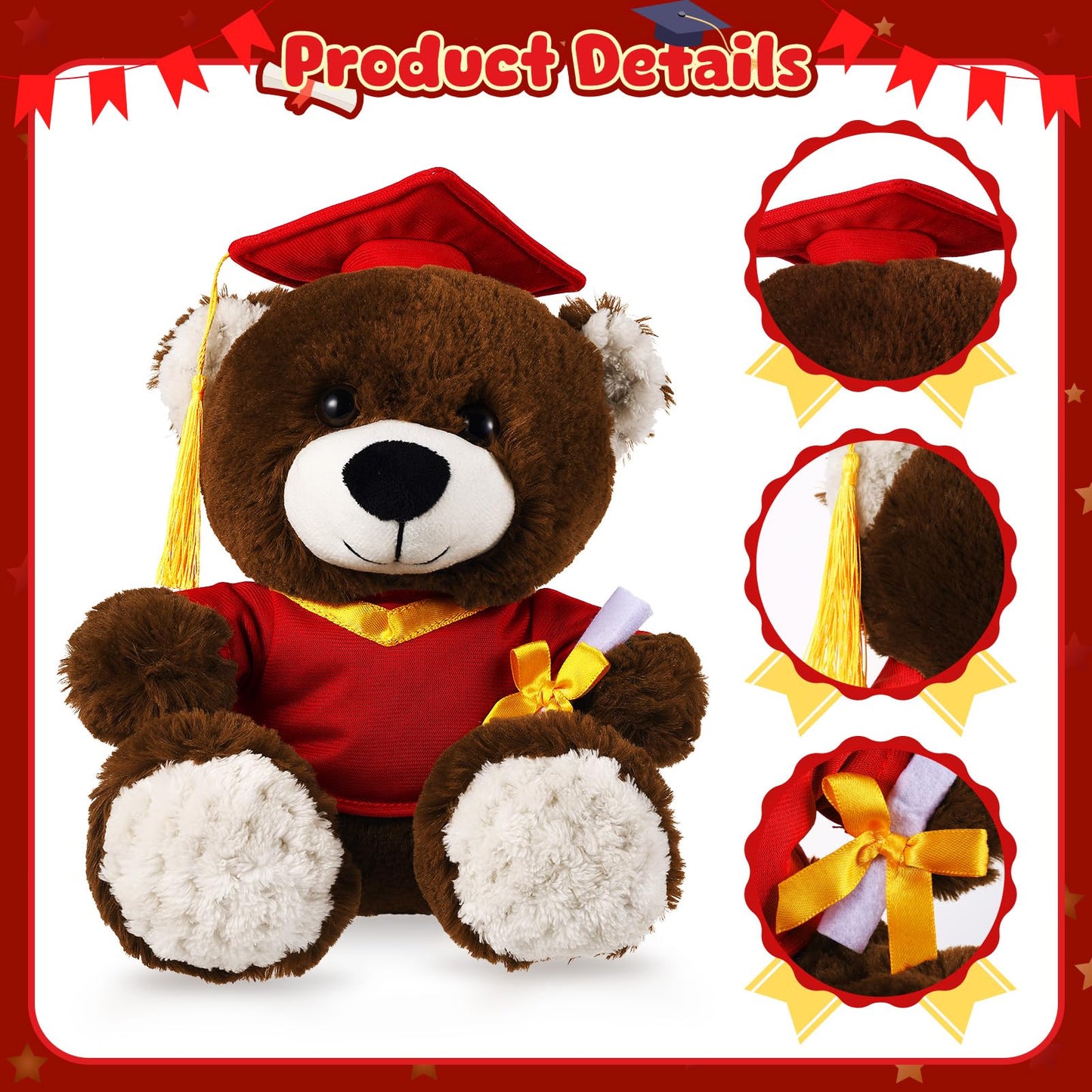 ZJoey Bear with Graduation Cap Toys Class of 2026 Plush Stuffed Teddy Bear Animal Dog Cap and Gown with Greeting Card and Bag for Graduation Day Gift(Red)