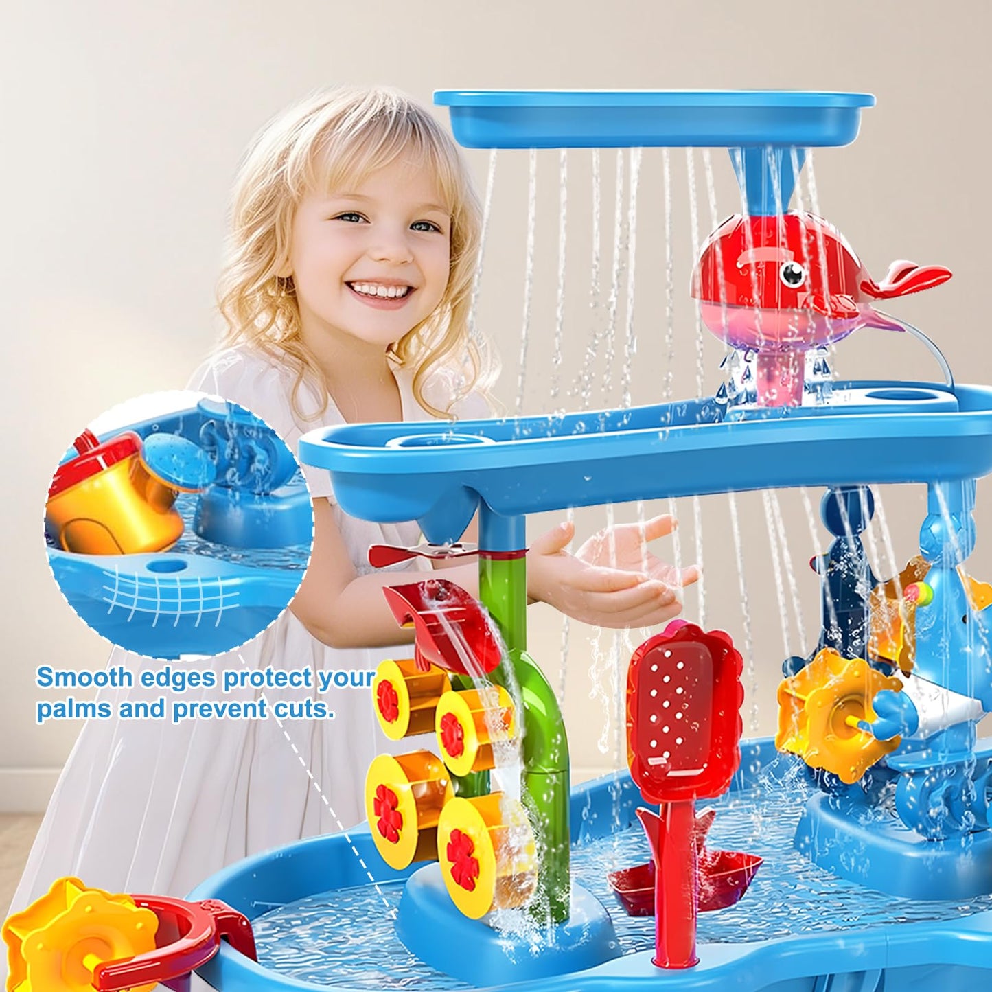 zefinot 3-Tier Water Table for Toddlers 1-3, Kids Water Play Table with Waterfall, Spinning Wheels and Splash Accessories for Outdoor Backyard Summer Fun