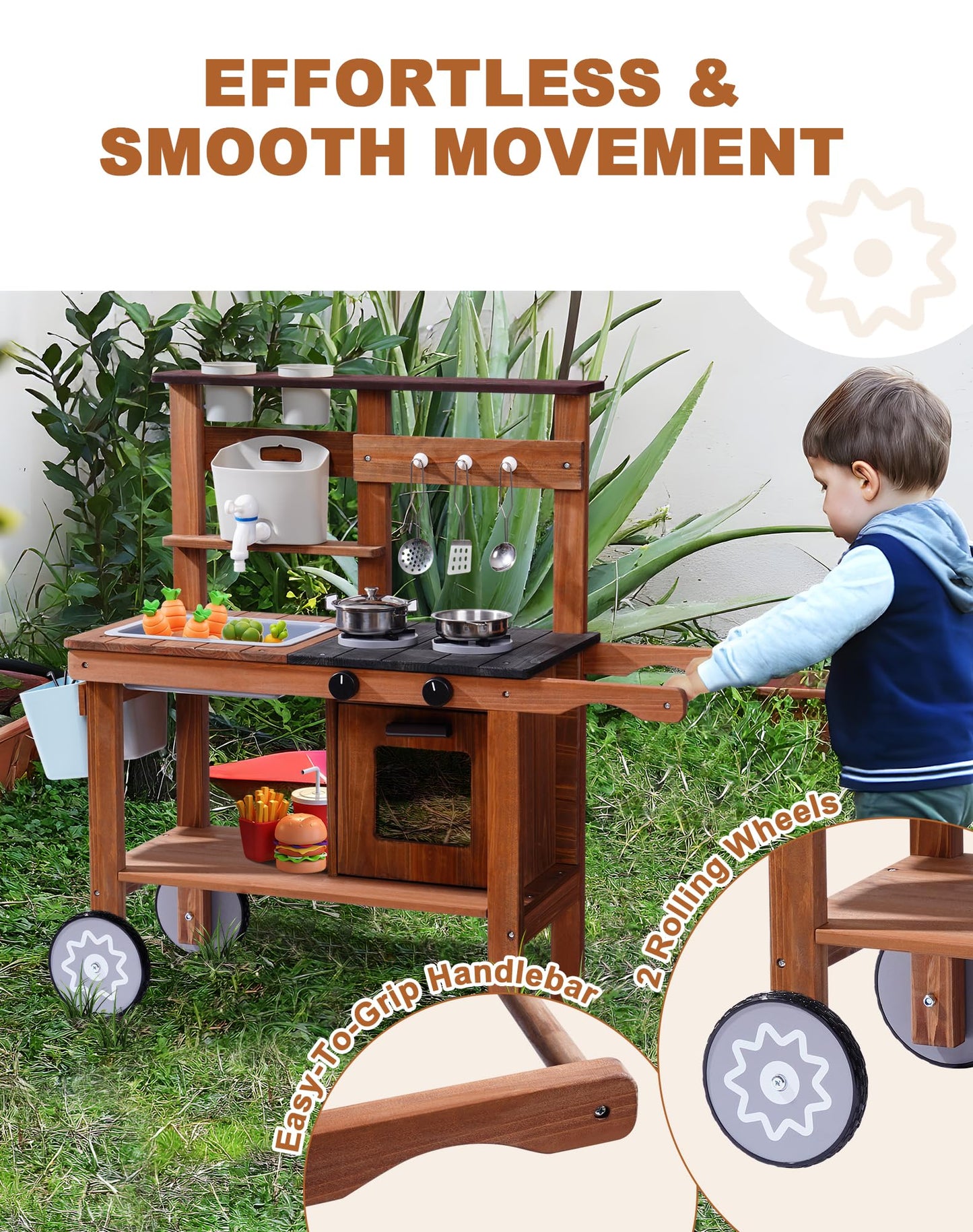 ROBUD Mud Kitchen for Kids Outdoor with Wheels, Wooden Outdoor Play Kitchen, Kids Mud Kitchen with Removable Sink & Faucet, Monteeori Toys for Children Ages 3+ Years, WG403