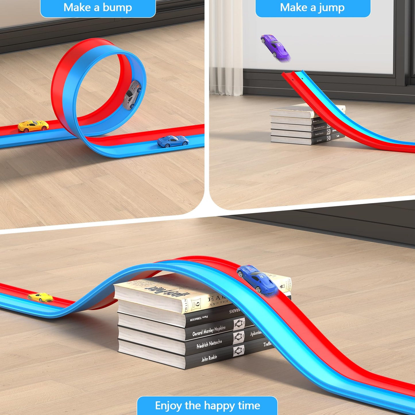 15FT Flexible Race Track with 4 Cars - DIY Car Ramp Track for Jumps, Loops, Ramps - Portable Roll-Up Dual Racetrack for Indoor Outdoor Play, Ages 3+ (Blue+Red)