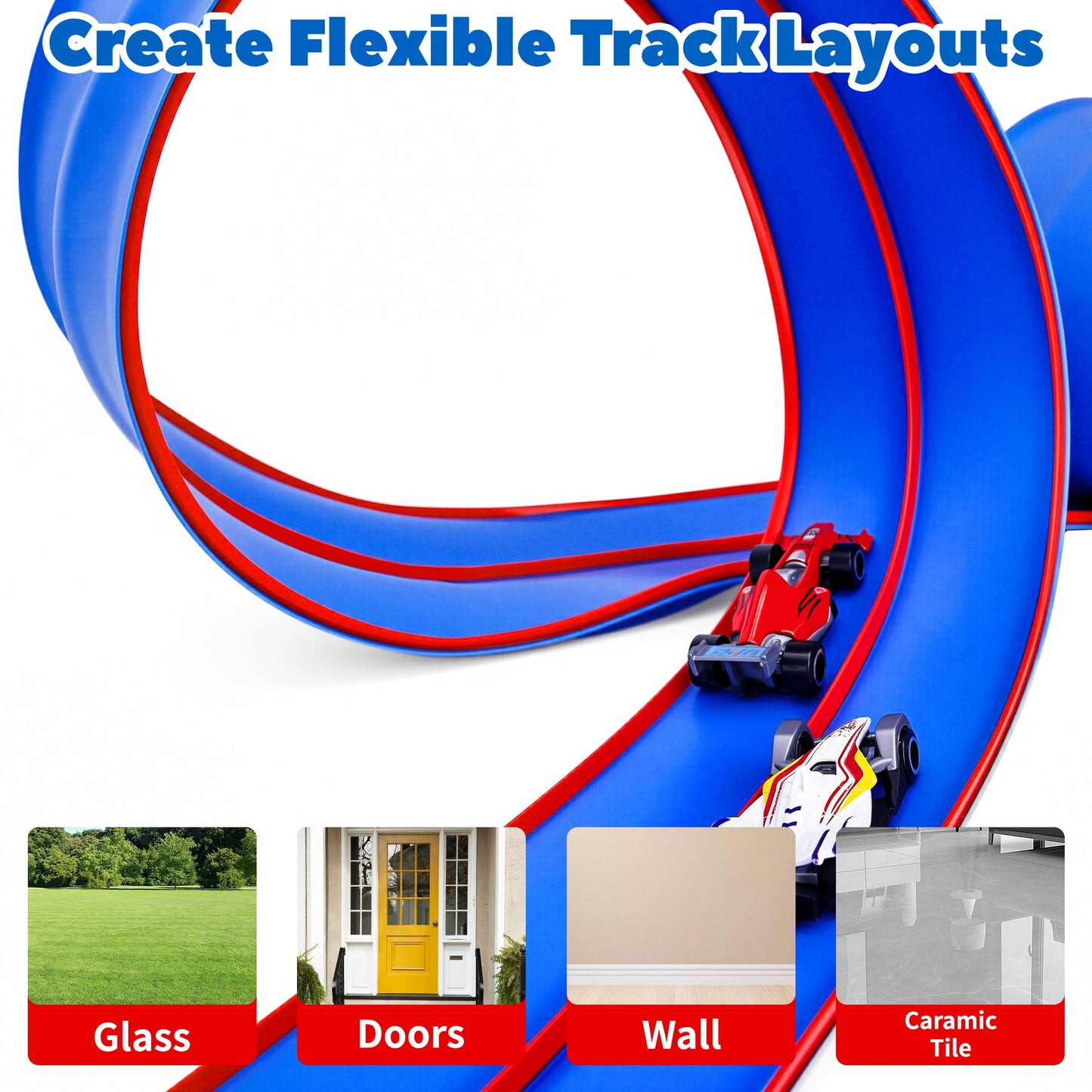 FUTESI Flexible Race Car Track for Kids 15 Ft Flex Tracks Starter Set Compatible with Diecast 1/64th Cars Portable Rolls Up Race Tracks with Strong Suction Cups Birthday Gifts for Boys Girls Ages 3+