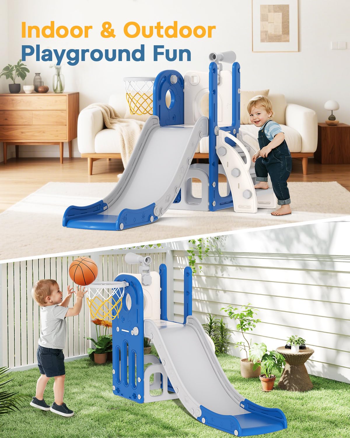 Babytronic Toddler Slide, 6 in 1 Kids Indoor Slide for Toddlers 1-3, Baby Indoor and Outdoor Climber Playset, Kids Slide with Basketball Hoop and Telescope, Toddler Outdoor Playground (Blue&Gray)
