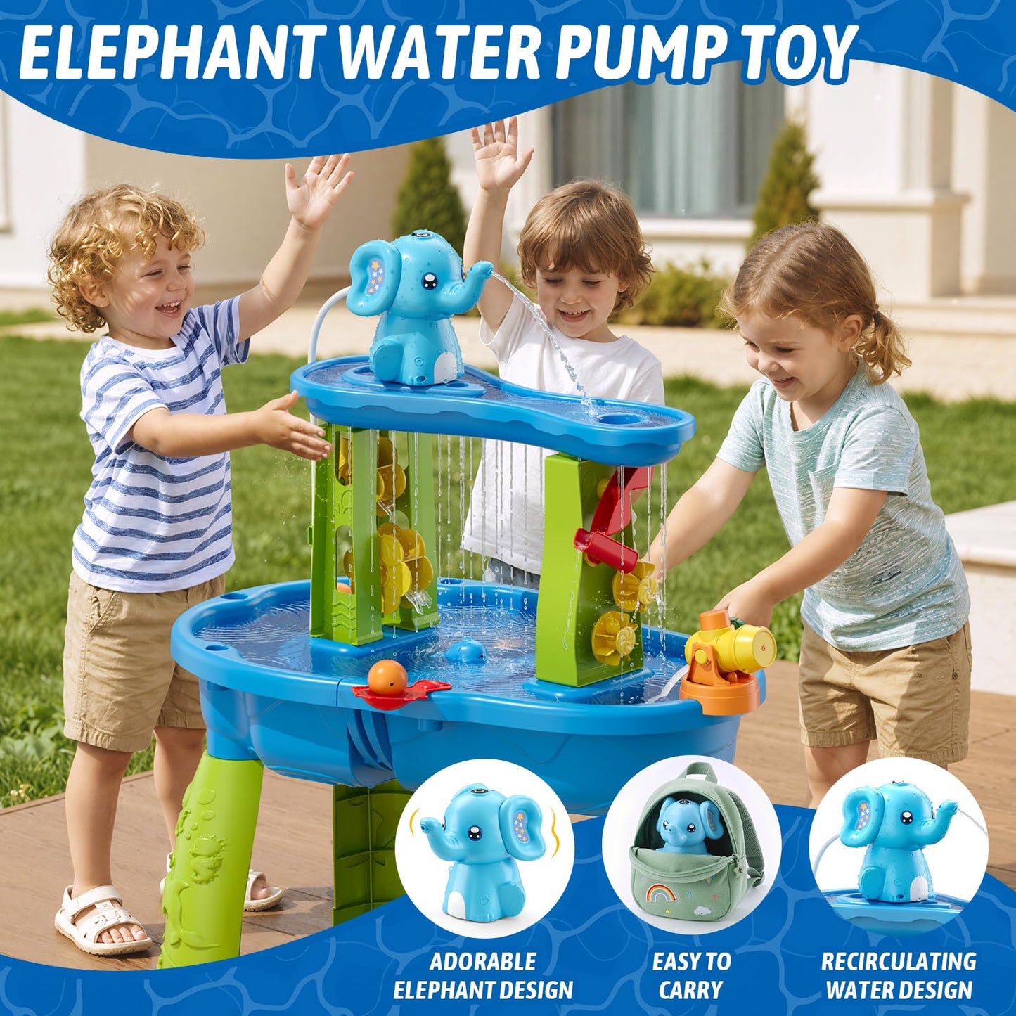 HYES Water Table Pump, Rechargeable Cordless Pump with Magnetic, Elephant Water Pump Continuous Flow, Non-Stop Summer Outdoor Outside Backyard Fun Toys Gifts for Toddlers Kids, Blue