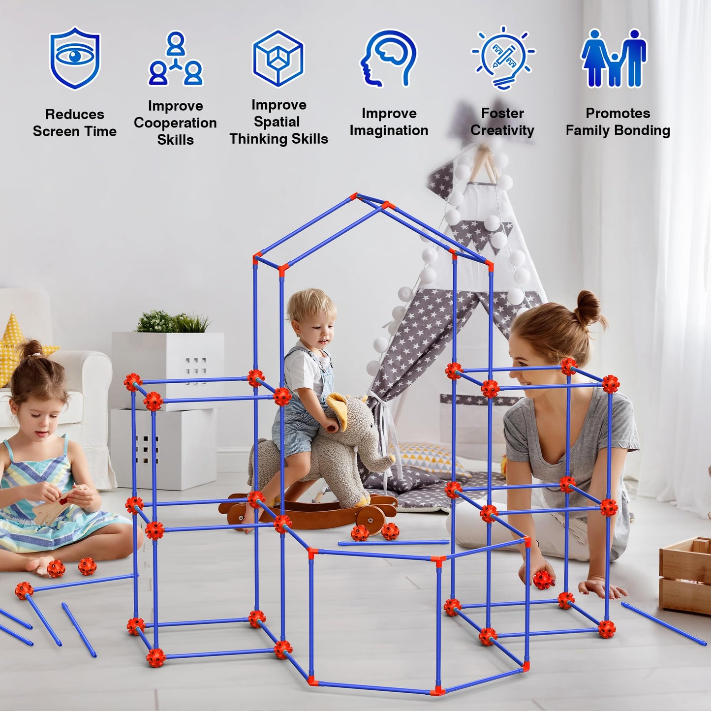 zqiliboyi Fort Building Set for Kids 4-8, 140pcs Educational Toys Play Sets, Large Creative DIY STEM Fort Making Set Indoor & Outdoor,Tunnels and PlayTent Construction Castles for Gift Boy or Girl