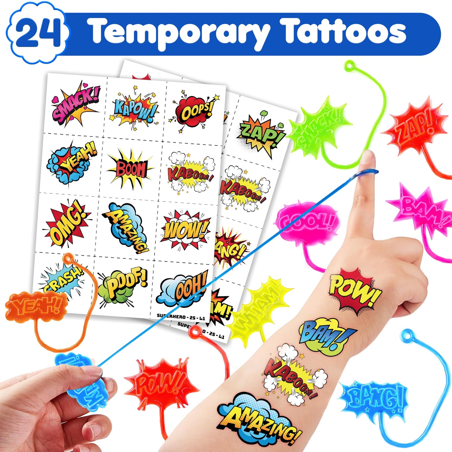 48PCS Hero Pow Party Favors - 24PCS Temporary Tattoos & 24PCS Stick Hands Party - Perfect Birthday Party Supplies, Goodie Bag Stuffers, Treasure Box Toys, Classroom Prizes, and Student Gifts
