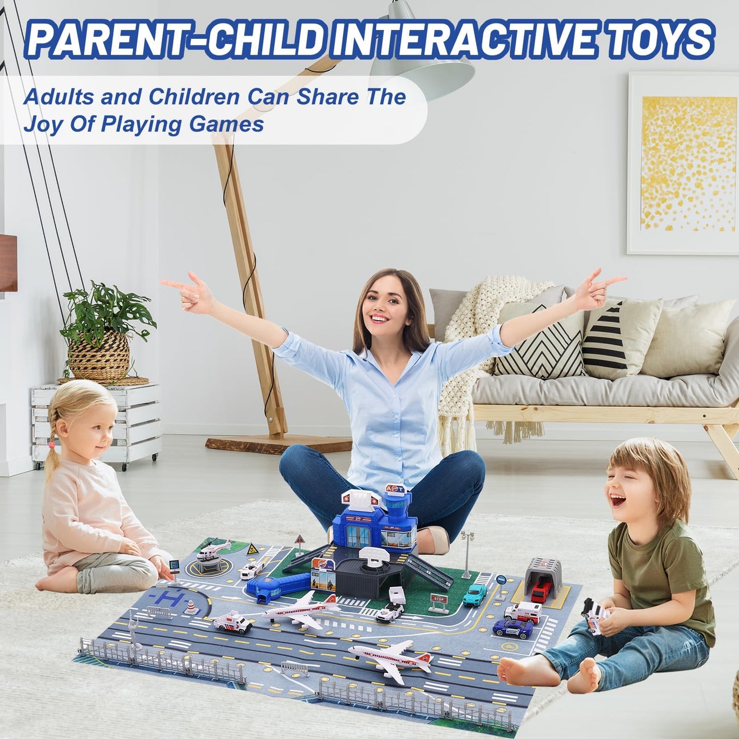 Airplane Toy Set with Trucks, Helicopter, Planes, Signs and Airport Playmat, Interactive Early Learning Toys Great Military Toys Gift for 3 4 5 6 Kids Boys Girls