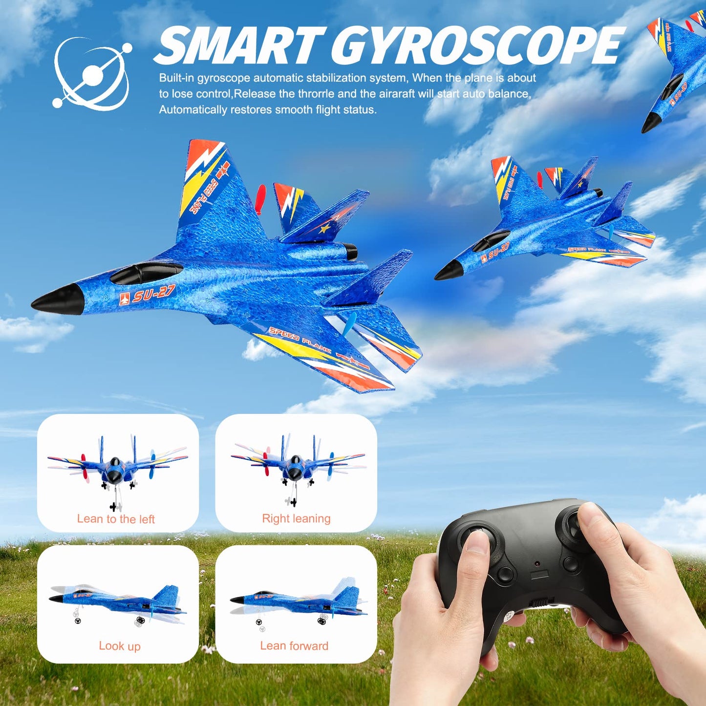 RoofWorld Gravity Gliders SU27 RC Airplane Remote Control Airplane 2.4GHZ RC Plane 6-axis Gyro Stabilizer RTF RC Glider for Beginner LED Lights for Night Flying