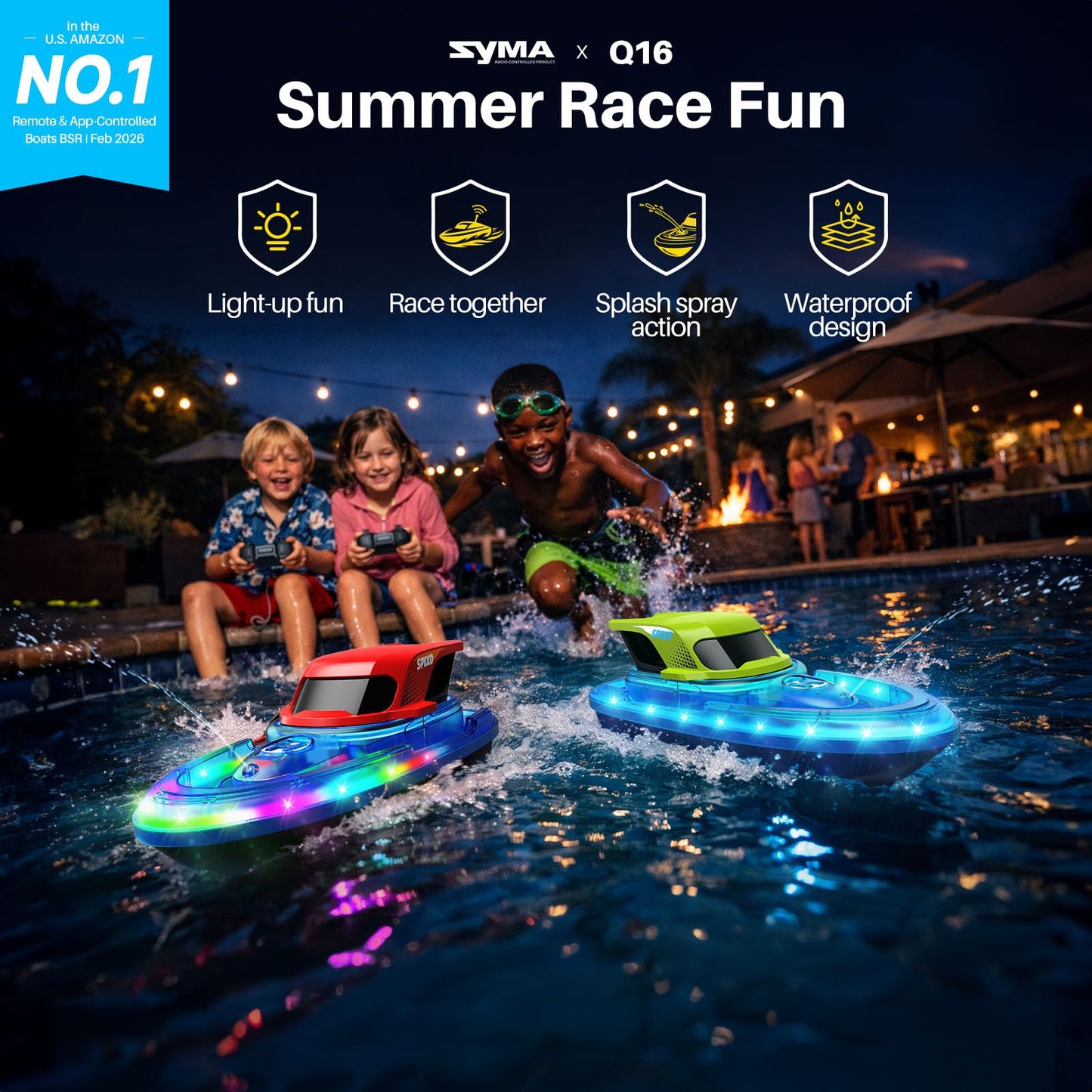 SYMA 2 Pack RC Boats for Kids, Remote Control Boats for Pool, 7-Mode LED Light Up & Water Spray, Up to 40 Min Total (2 Batteries), 2.4GHz 164 ft Range, Gift for Boys & Girls
