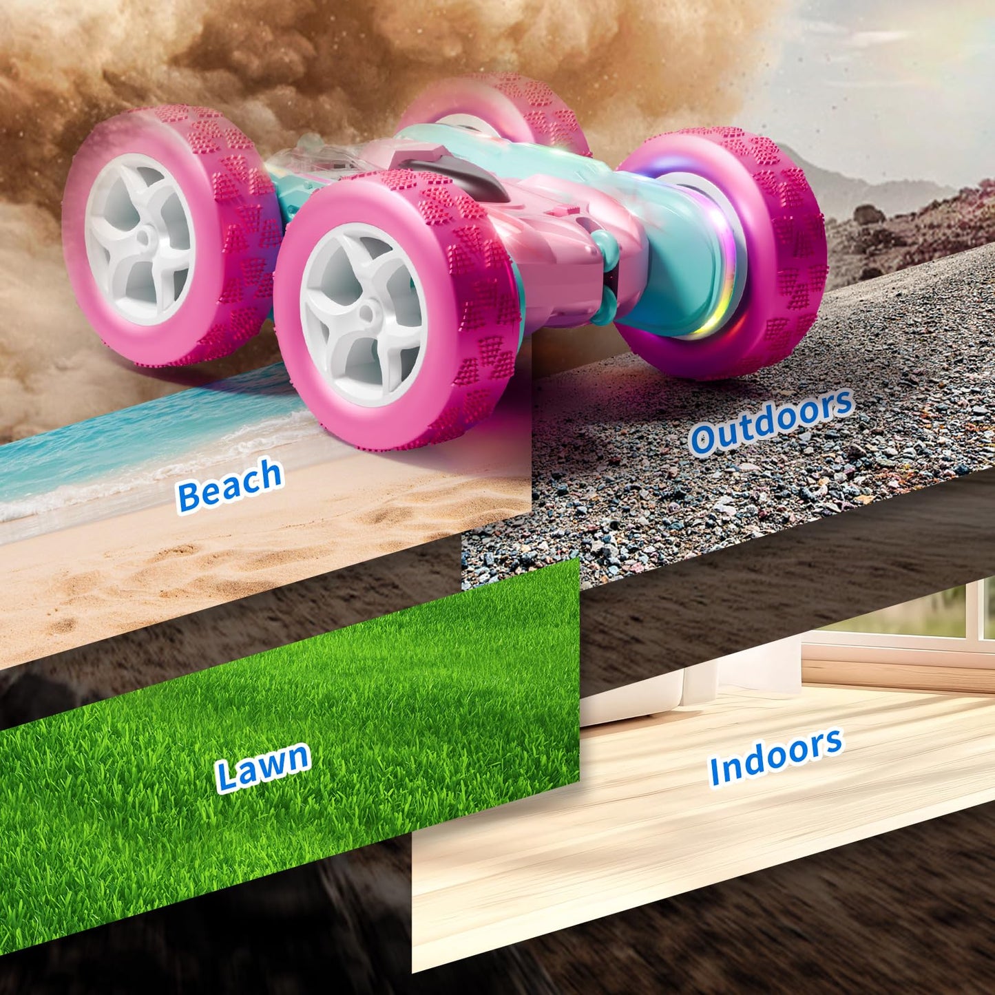 Zalneo RC Car Pink 4WD Remote Control Car 360° Flip Double‑Sided LED Light Bar & Quick‑Swap USB‑C Modular Battery, 2.4 GHz No‑Interference Popular Outdoor Beach Toy, Popular Gift for Girls Ages 6‑12