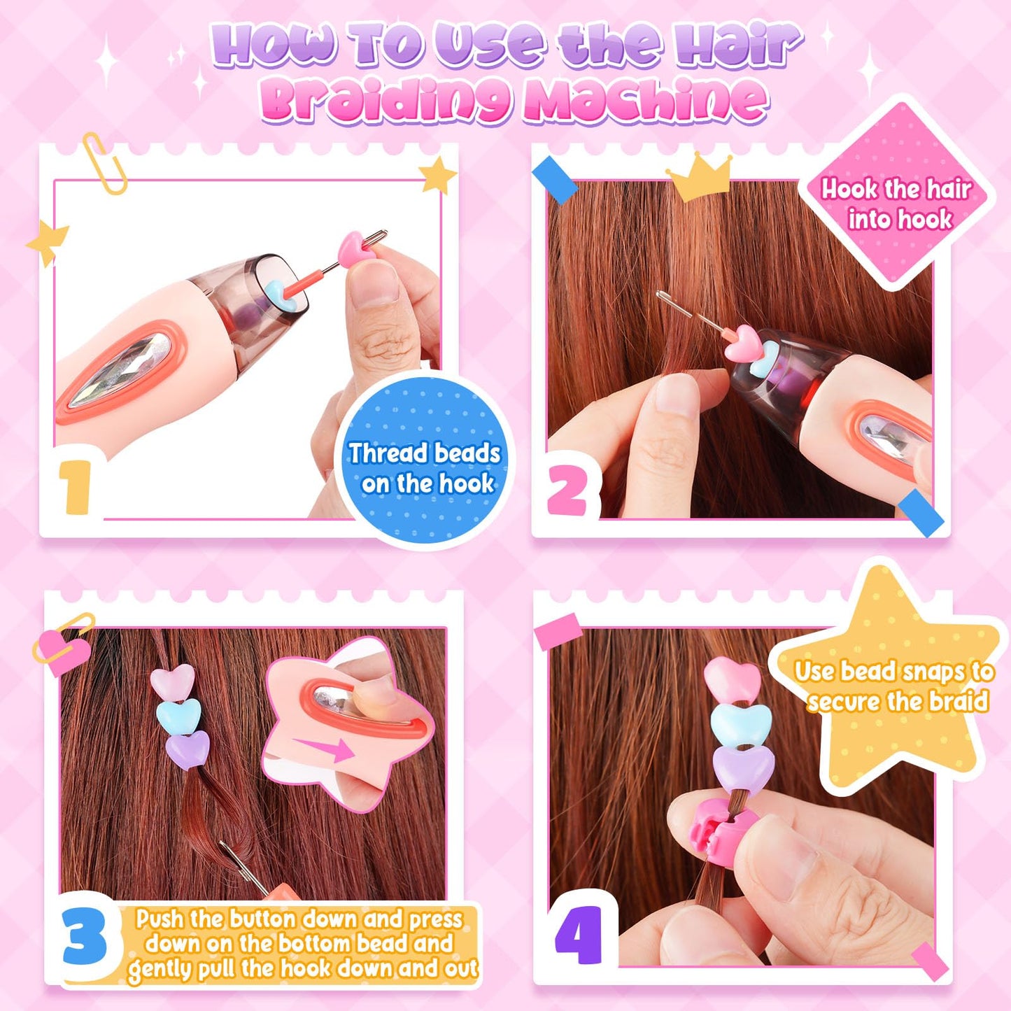Hair Beads Jewelry Set for Girls, Gifts for 5 6 7 8 9 10 Year Old Girl, Kids DIY Hair Accessories Kits with Reusable Beads, Hair Gem Stamper Kit for Kids Girls Age 6-12 Creative Birthday Gifts Toys