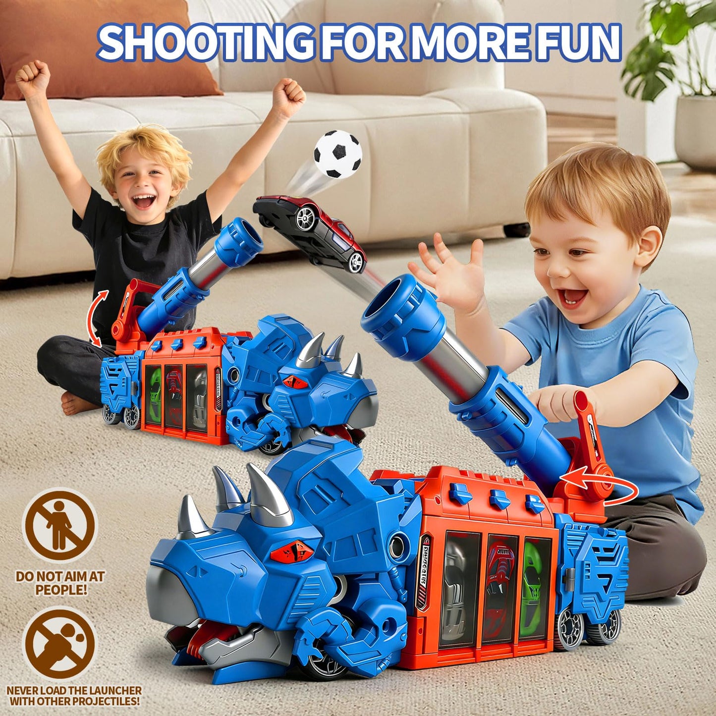 Dinosaur Truck Toys for Kids 3-12, Triceratops Car Playset with Ejection Shooting Game, Foldable Dino Truck Car Toy with 10 Mini Car, 12 EVA Soccer Ball, Storage Bay, Birthday Gift for Boys Girls