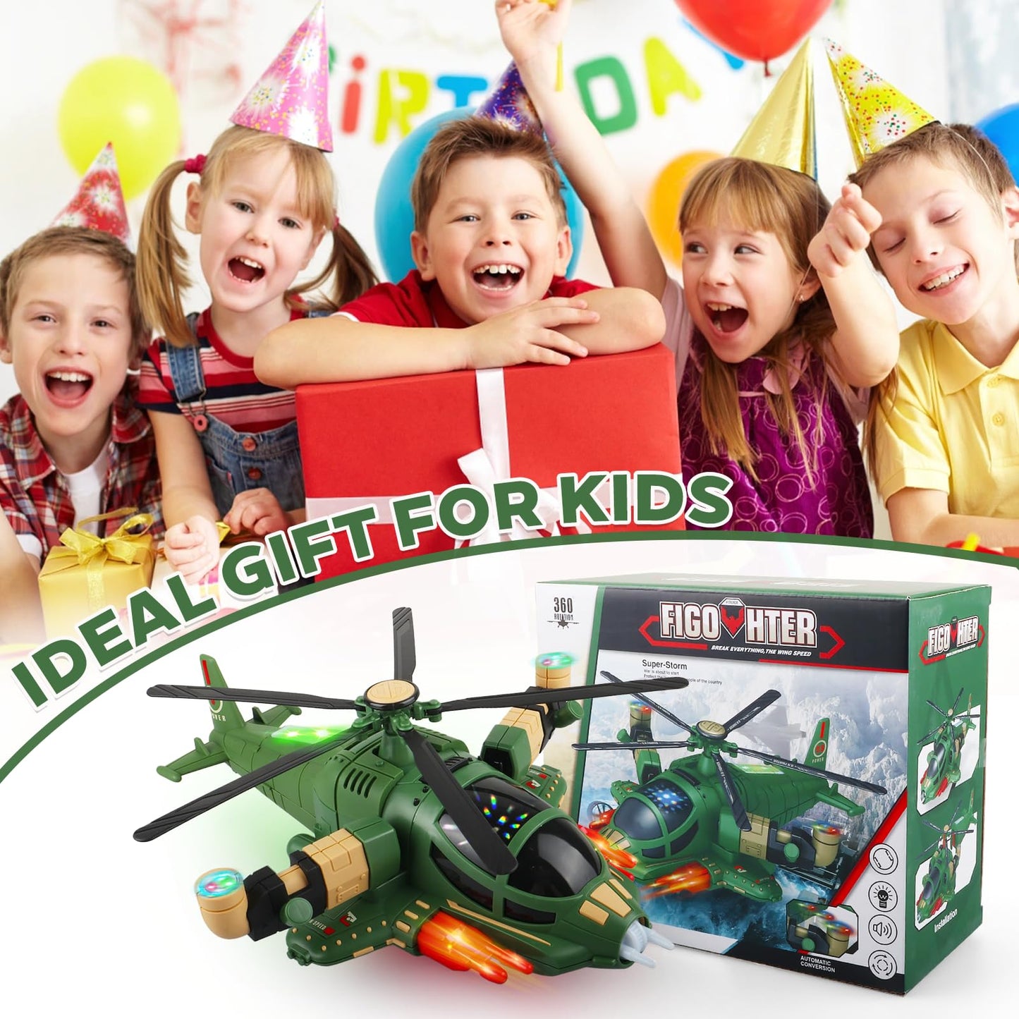 victob Helicopter Toy for Toddlers with Lights and Music, 360° Rotating Airplane Toy for Kids, Bump-and-Go Action, Birthday Gift for Boys Girls Ages 3-7 (Green)