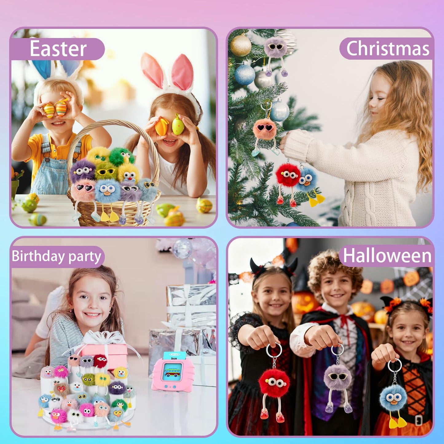 24PCs Cute Keychains for Kids - Plush Keychain Bulk Party Favors for Kids 8-12 Birthday Goodie Bags Stuffers Key Chains Bulk Classroom Prizes Elementary Pinata Fillers Backpack Charms Treasure Box