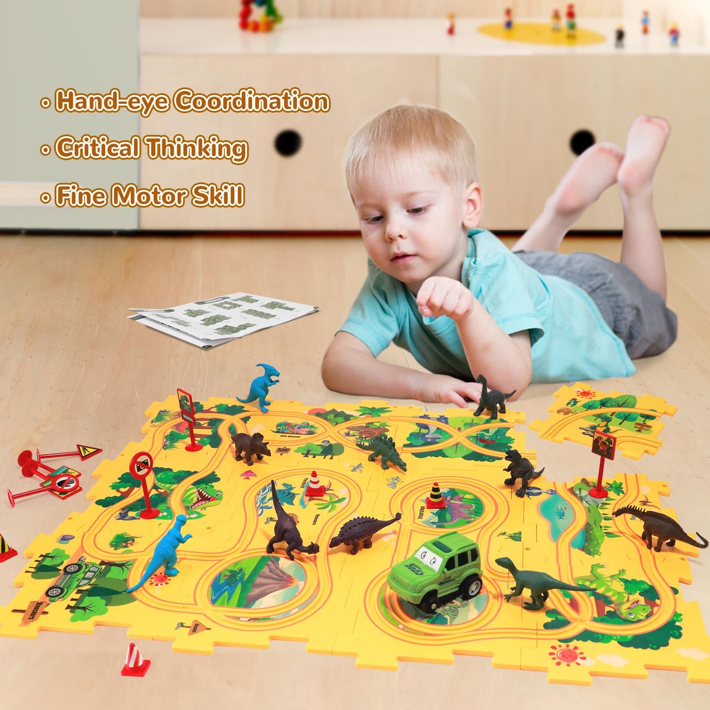 XAZASTOV Puzzle Track Car Play Set with 12 Dinosaur Figures, Plastic Railcar Floor Puzzles for Kids Ages 3-5 with Vehicles, Toys Gifts for 3 4 5 6 Year Old Boys