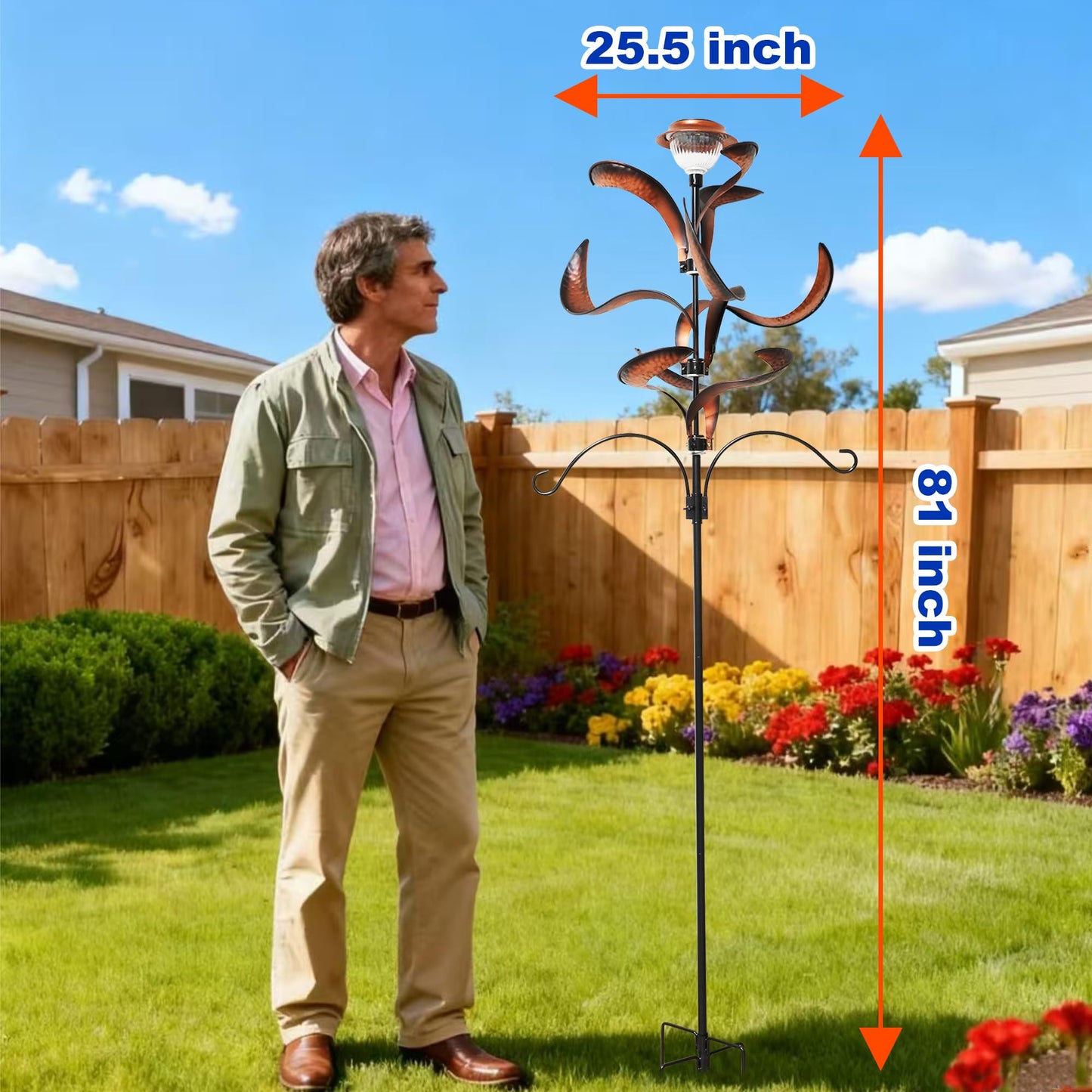 81" Metal Wind Spinner with Solar LED Light & Hanging Hooks - Rustic Copper Finish Kinetic Yard Art for Garden, Patio, Lawn - Outdoor Decor Stake