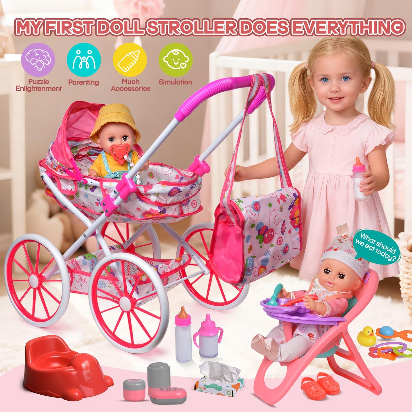 Baby Doll Stroller Set Toys with 12.5'' Baby Dolly, Baby Doll Accessories with Dining Chair&2 Set Clothes&Diaper Changing, Doll Playset for Kids, Pretend Play Girls Toys Gifts for Girls 3 4 5 Year Old