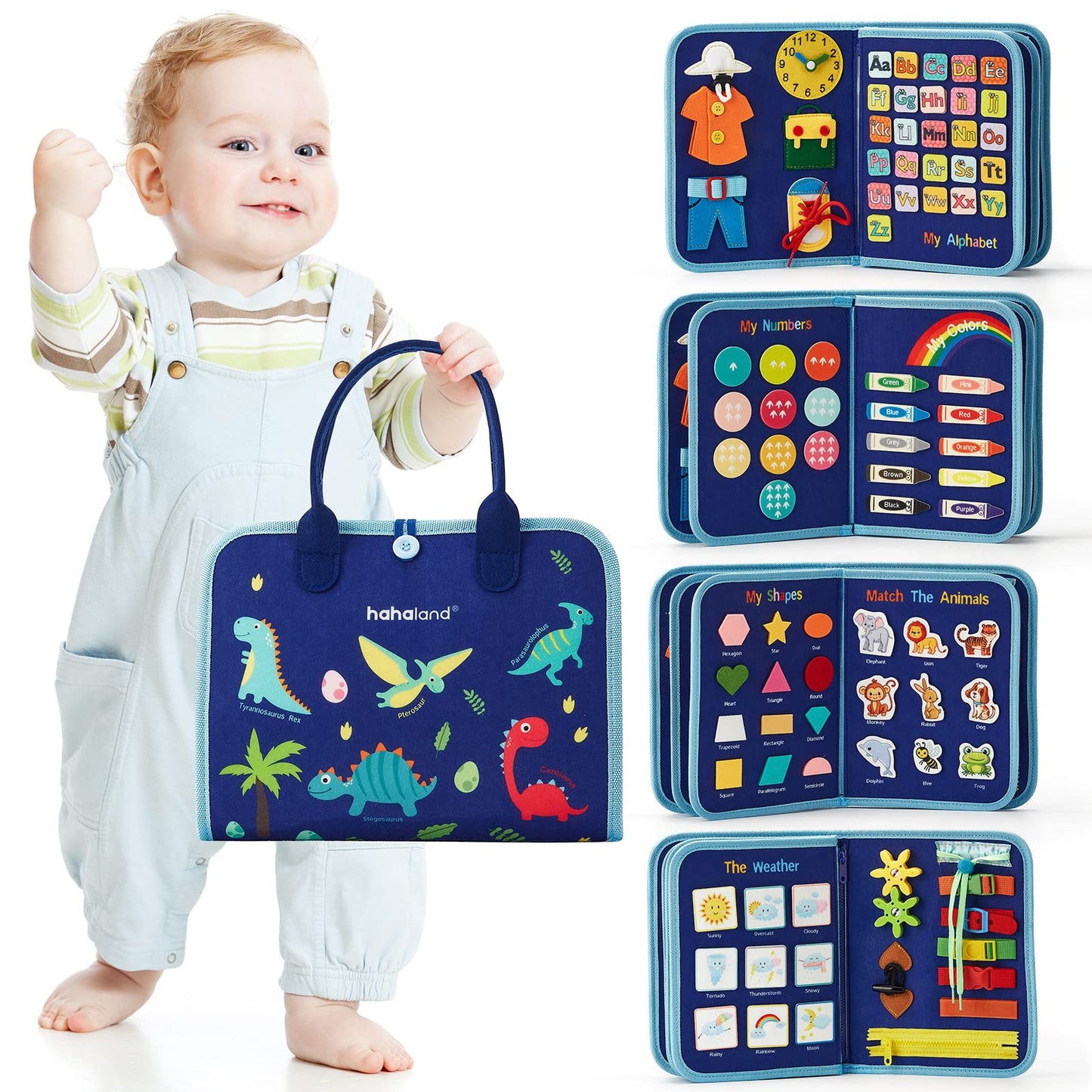 hahaland Busy Board for Toddlers - Montessori Toys Preschool Learning Activities with Life Skills, Alphabet, Number, Shape, Color, Animal, Weather - Toddler Boy Learning Educational Toys, Travel Toys