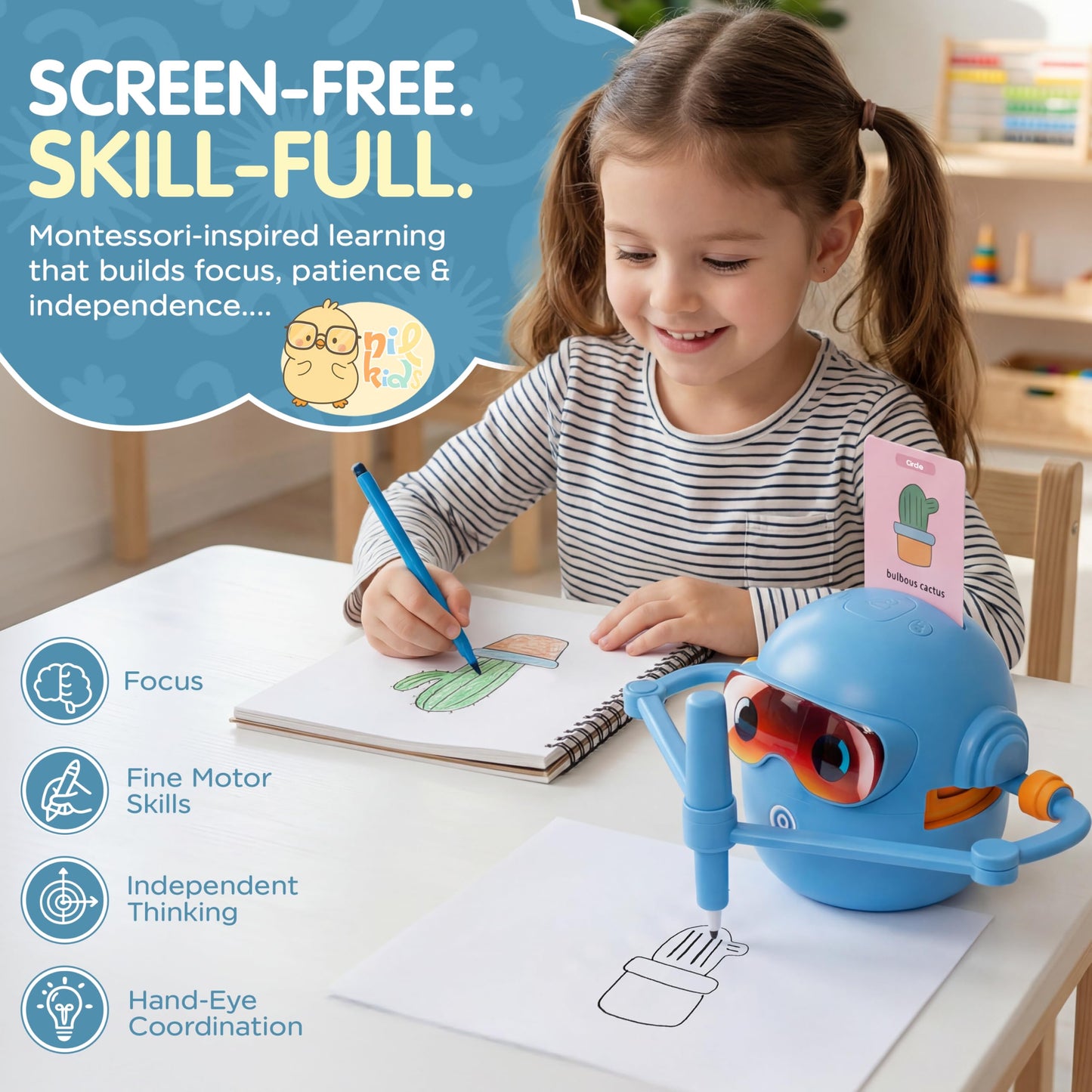 Drawing Robot for Kids – Rechargeable Automatic Robot with Motorized Arm, 100 Unique Drawing Cards & 16 Pens – Screen-Free STEM Toy with Music & Lights Ages 3+