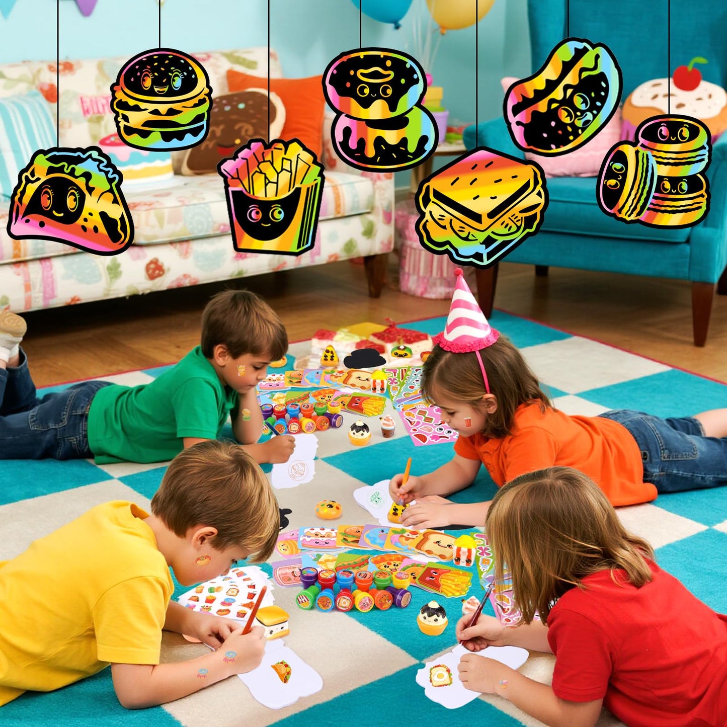 BenLouis 168 Pcs Fast Food Party Favors Snacks School Stationery Bulk for Kids Classroom Donut Birthday Gift Candy Goodie Bag Fillers Pizza Food Drink Decor Pinata Prize Activity Supplies