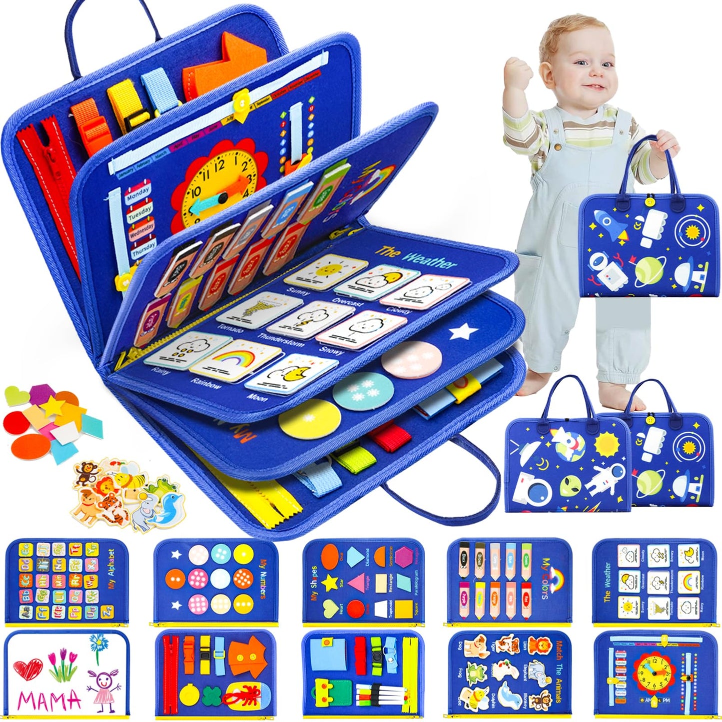 Toddler Busy Board, Montessori Toys for Boys, Sensory Board Birthday Gifts - Educational Busy Book, Learning toys for Toddlers, Preschool Learning Activities and Travel Toys for Airplane Car, Blue
