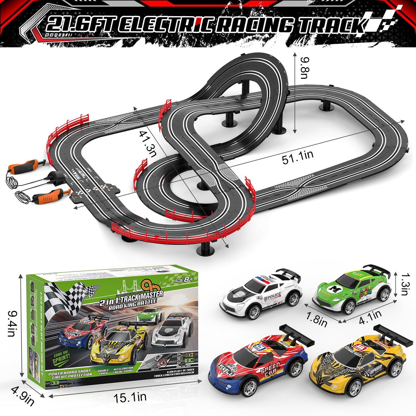 2 in 1 Slot Car Race Track Sets with 4 Slot Cars, 1:43 Electric Car Track for Boys, Dual Racing Game Lap Counter Circular Slope Track Sets, Birthday Gifts Toys for Boys Kids Ages 6 7 8 9 10 11 12