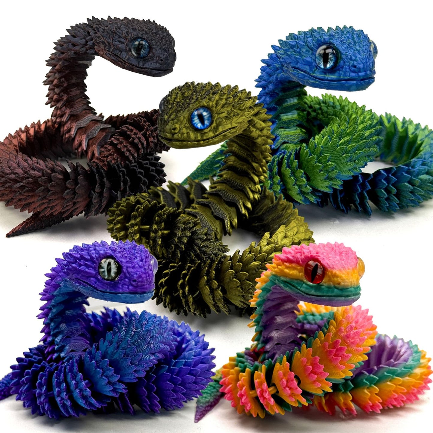 KAMOVNY 5PCS 18Inch 3D Printed Snake,Articulated Crystal Snakes Figures for Stress Relief, Creative Desk Decor Idea for Kids Adults(Combination 1)
