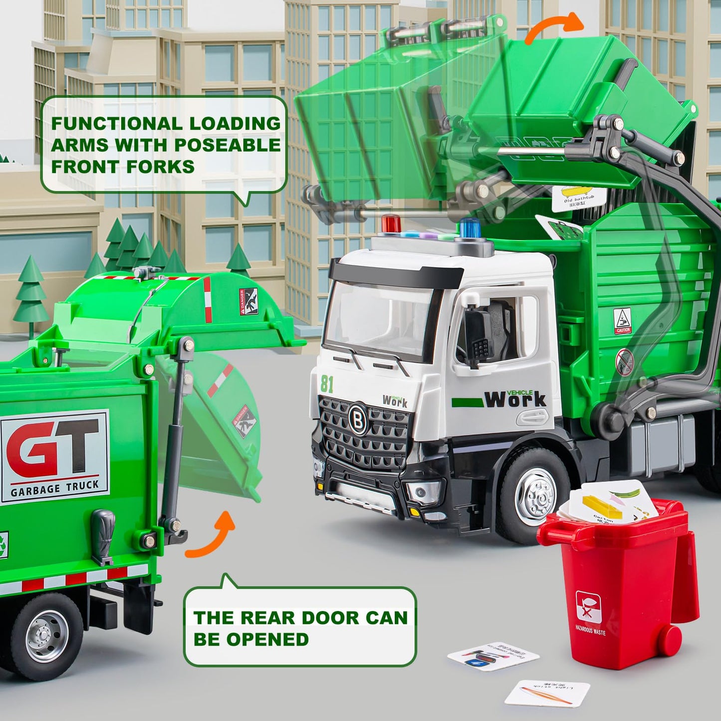 TAKGUD Garbage Truck Toys for Boys, 12" Big Trash Truck with Lights and Sounds, Friction Powered Waste Management Recycling Toy Set with 4 Trash Cans and Sorting Cards, Gift for Kids