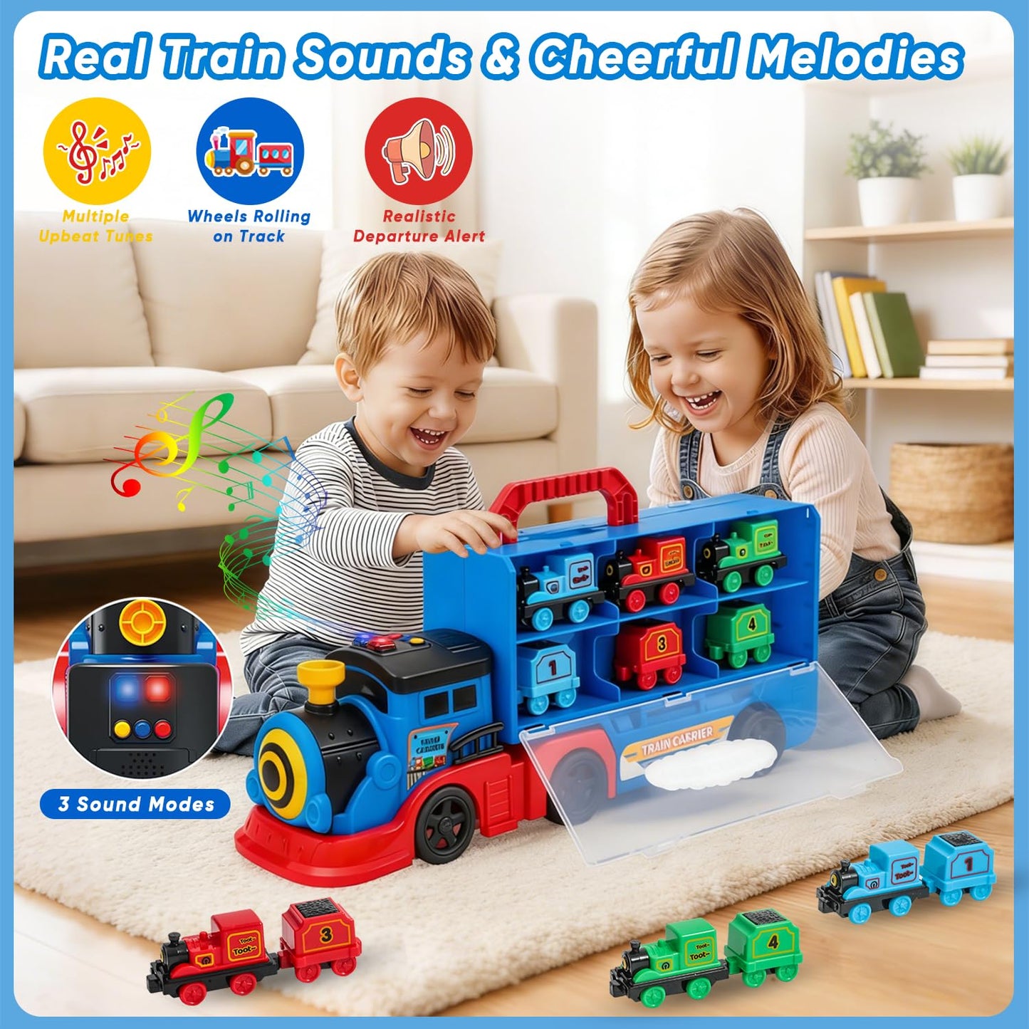 Trucks Toys for Kid 1-3, Transport Truck Car Set with Light and Sound, 1 Transport Toy Trucks, 6 Magnetic Trains, Birthday Gifts for Kids Boys Girls Age 3 4 5+.