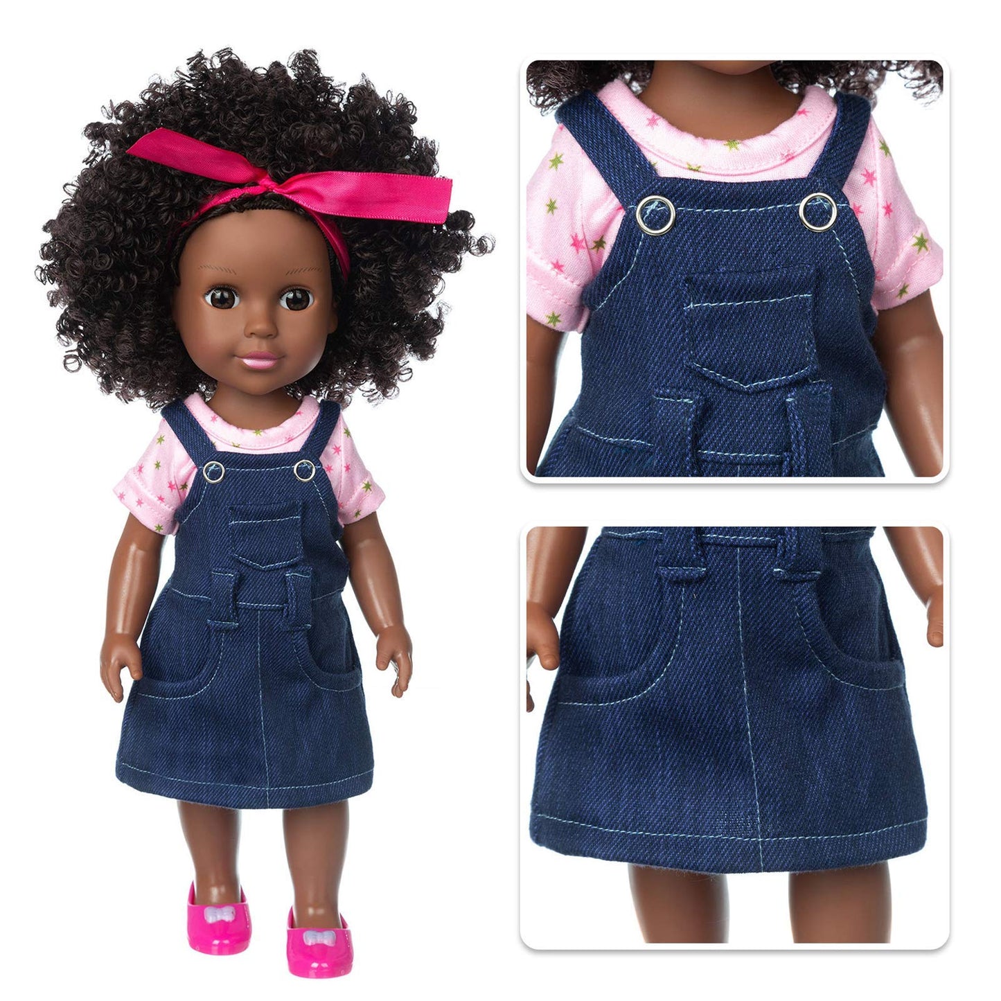 Ecore Fun 14.5" African Baby Girl Doll with Clothes Set - Washable Realistic Silicone Toy - Best Gift for Kids
