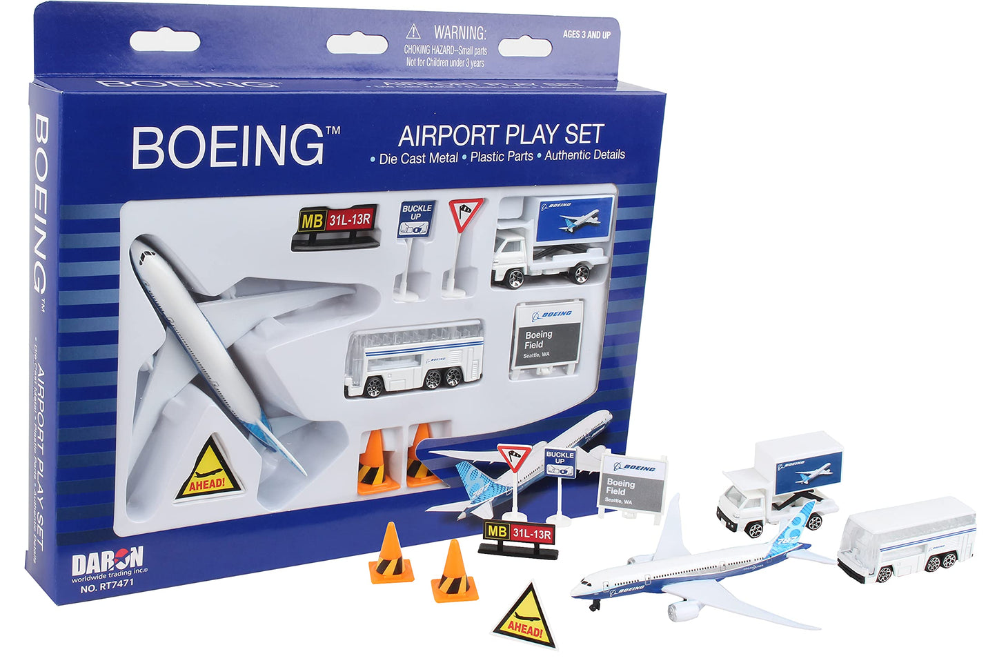 Daron Airport Playset – Boeing 787 – Die-Cast Metal Airplane Toy with Plastic Accessories and Vehicles for Kids Ages 3+