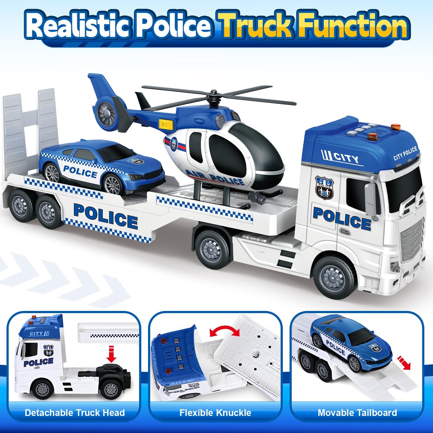 SpringFlower Toddler Boy Toys, 25" Large Police Truck Toy with Racing Car and Helicopter,3 in 1 Police Car Boy Toy, Christmas Birthday Gifts for Kids 3 4 5 6 Years Old